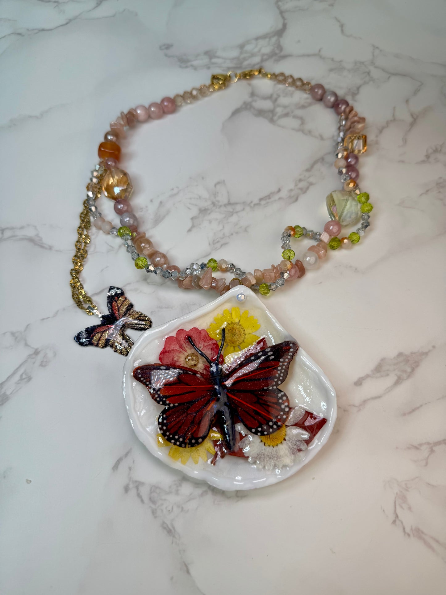 Celestial Breeze Natural Seashell Butterfly Necklace | Handmade Coastal Jewelry | UV Resin Ocean Art