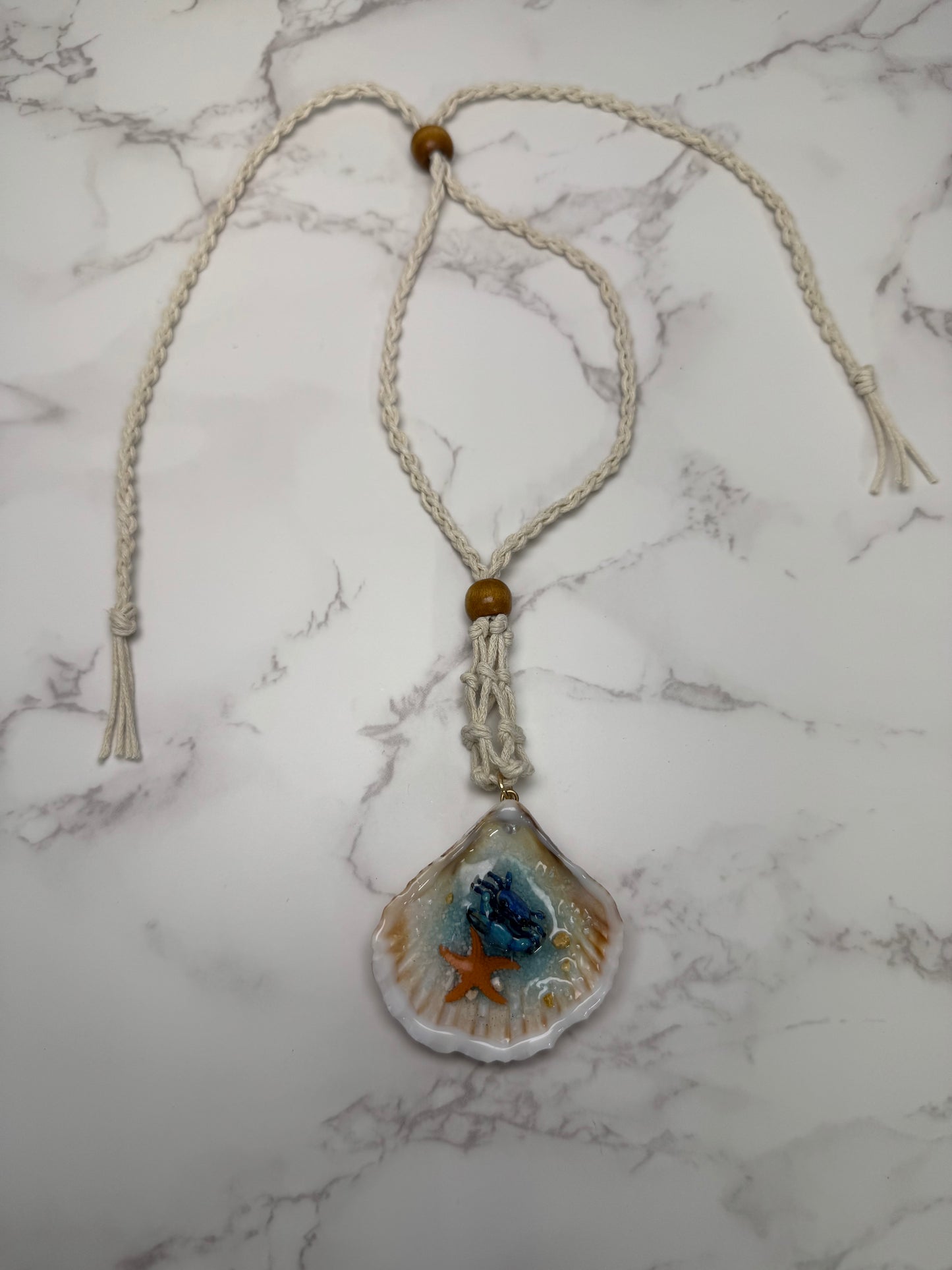 Mini Blue Sand Crab with Starfish Handmade Mini Sand Crab Necklace Encapsulated in Real Shell with UV Resin