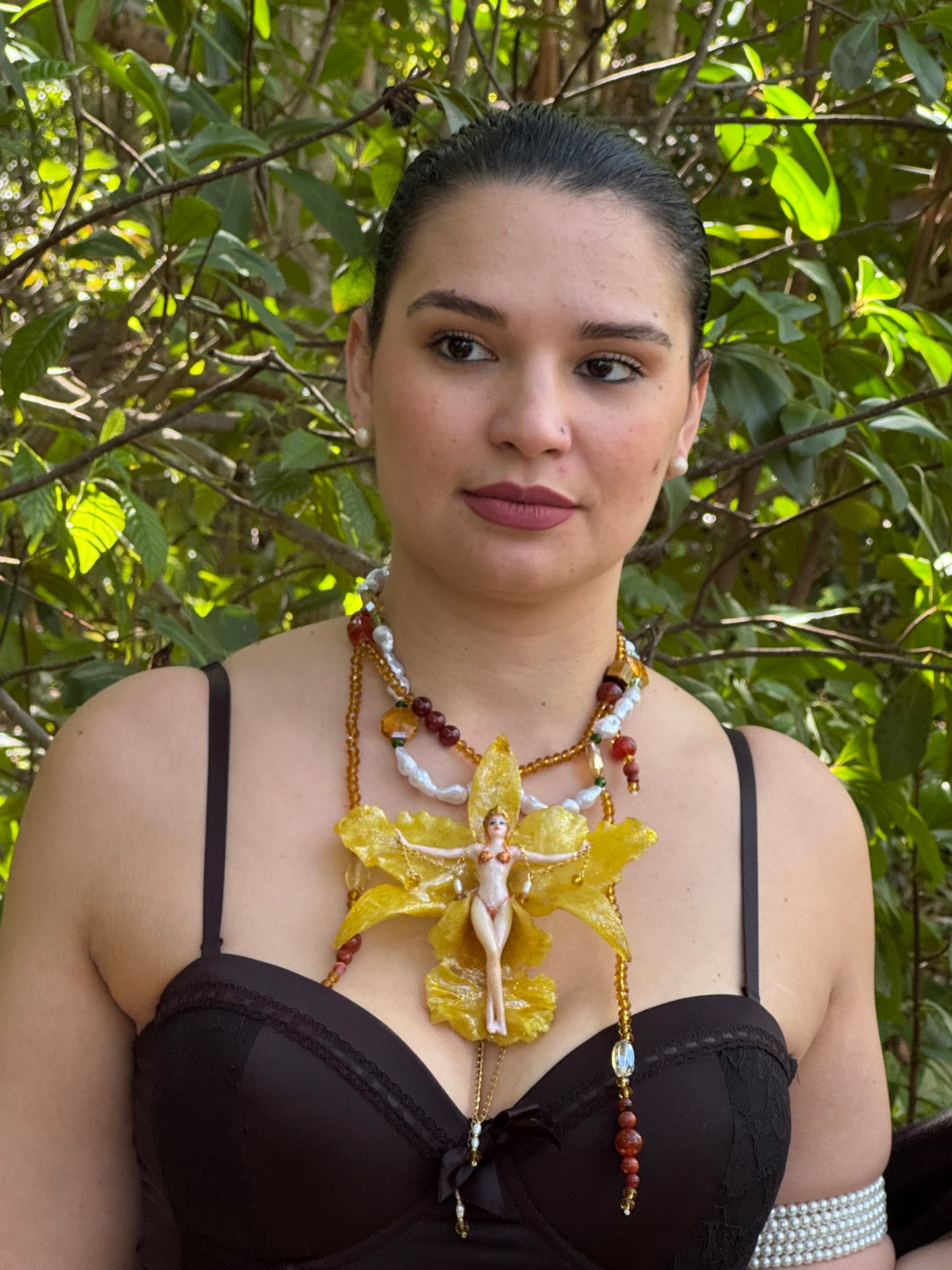 Aurelia – LIMITED EDITION – NYFW EXHIBITION PIECE Real Yellow Cattleya Orchid Necklace with Hand-Carved Female Figure, Amber Crystal and White Pearl Details