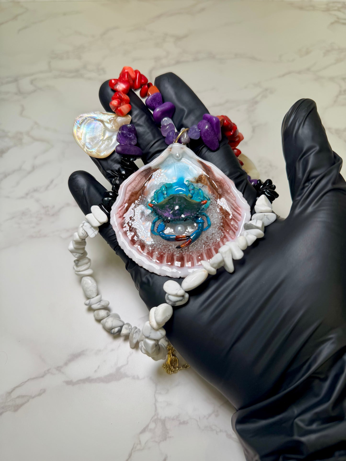 Set Blue Crab Necklace Resin‑Encased Shell Collection Shell Necklaces Sea Necklaces Epoxy Resin