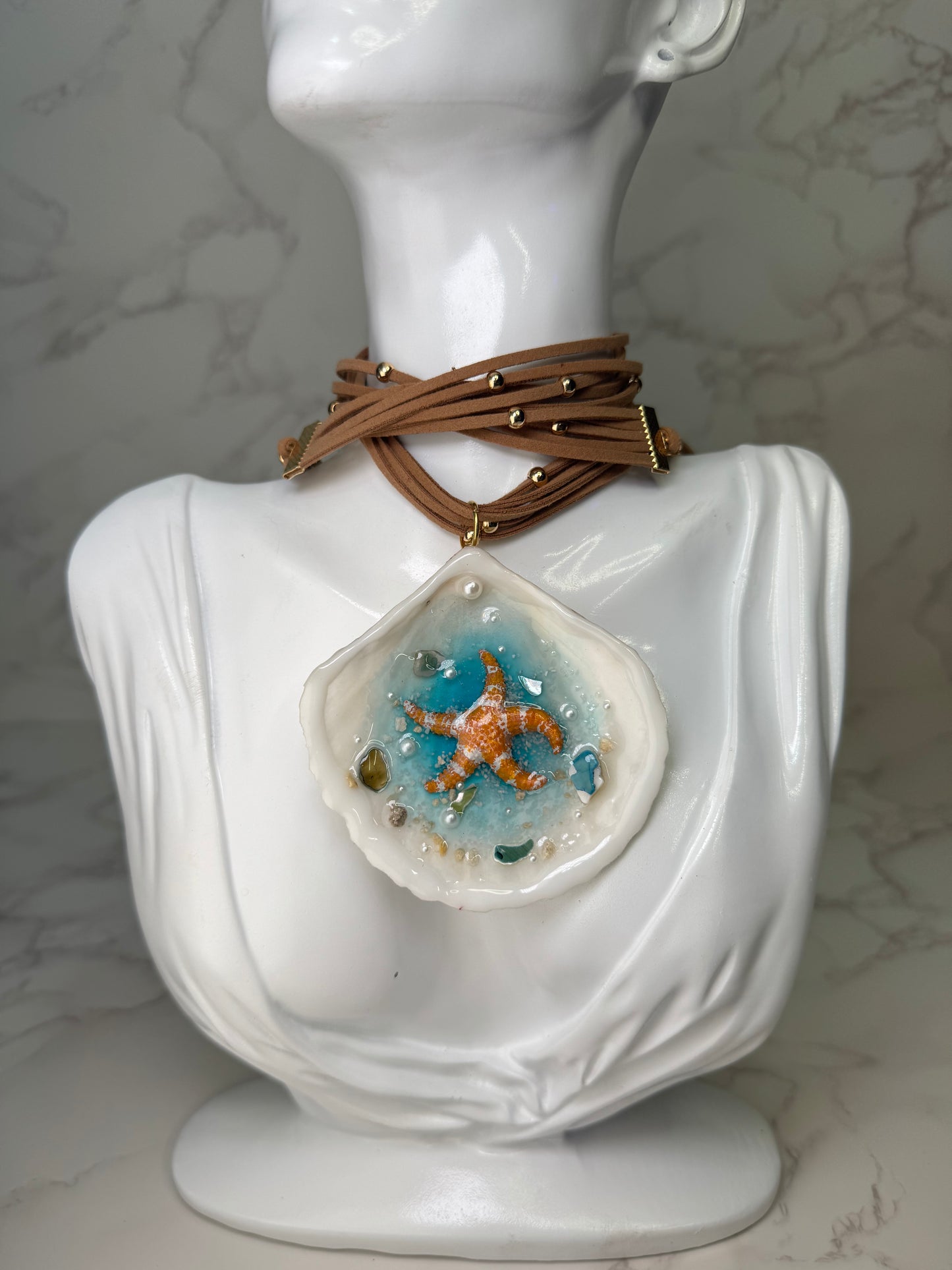 Orange Starfish & Coral Seashell Necklace