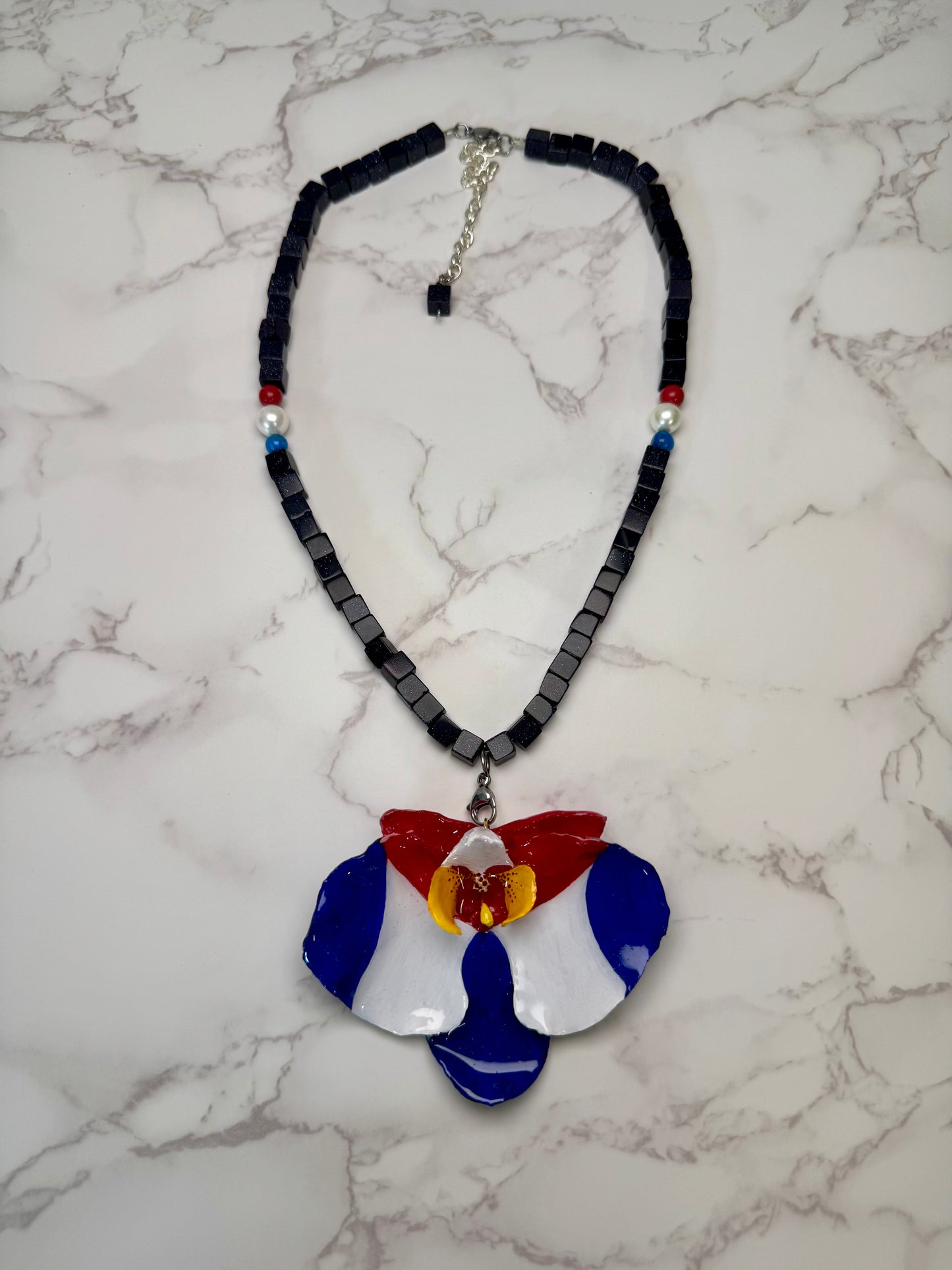 Medium Cuban Orchid Necklace Real Orchid with Cuban Flag – Handcrafted and Preserved in Resin