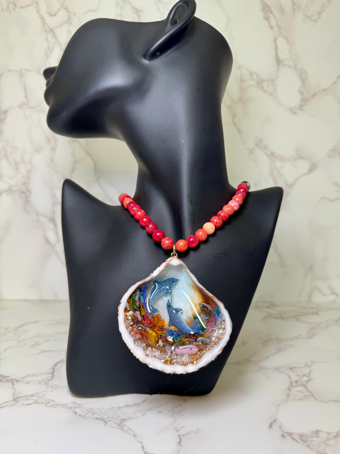 Beautiful Dolphin Couple Necklace Handmade Dolphin Necklace Over Painted Ocean Sunset Encapsulated in Real Shell with UV Resin on Leather Cord