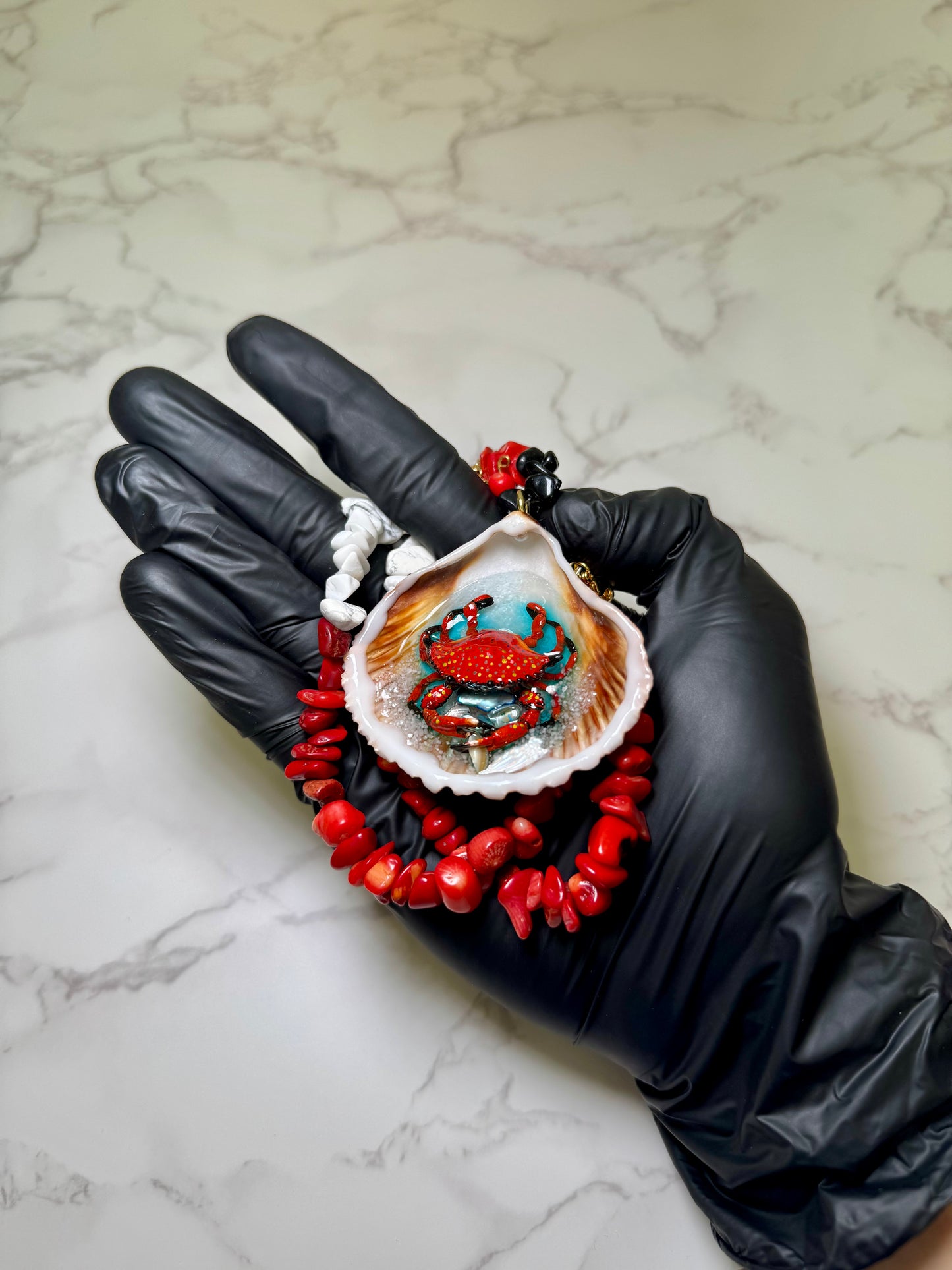 Set Crab Handmade Red Crab Necklace Encapsulated in Real Shell with UV Resin on Natural Stone Beads