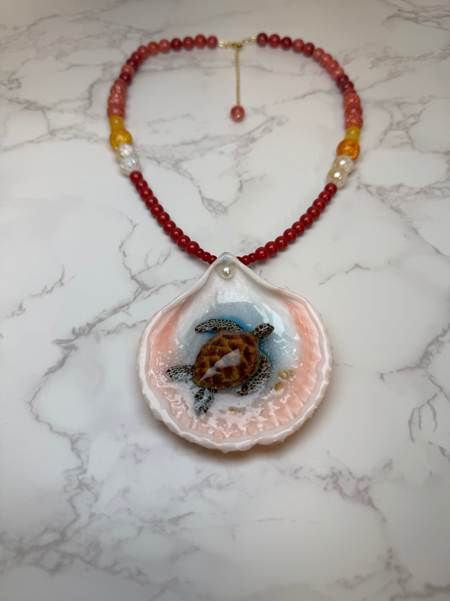Brown Sea Turtle Resin‑Encased Handmade Sea Turtle Necklace Encapsulated in Real Shell with UV Resin on Fine Colored Crystal Beads