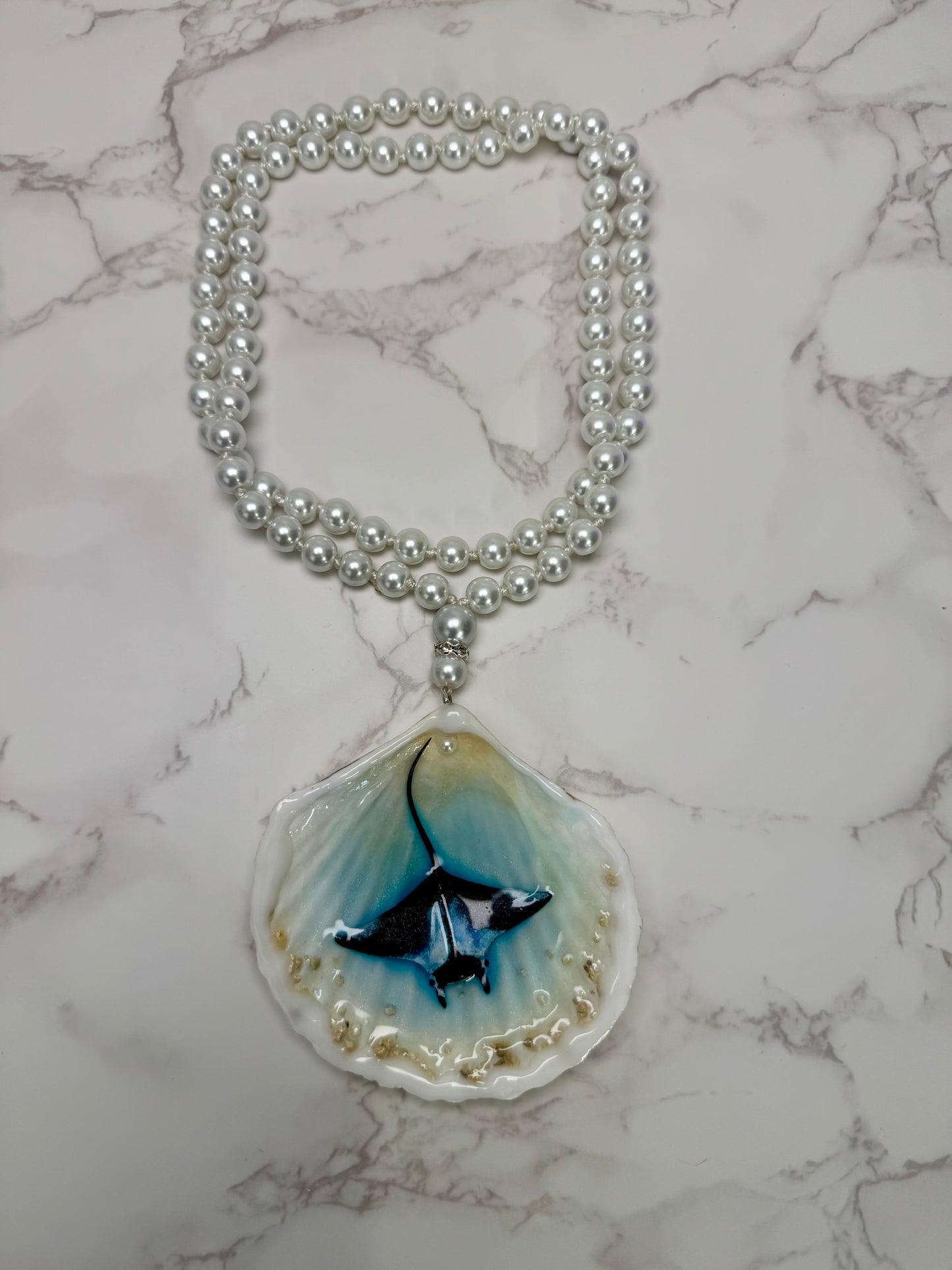 Pearl Handmade Manta Ray Necklace Encapsulated in Real Shell with UV Resin on Pearl Strand