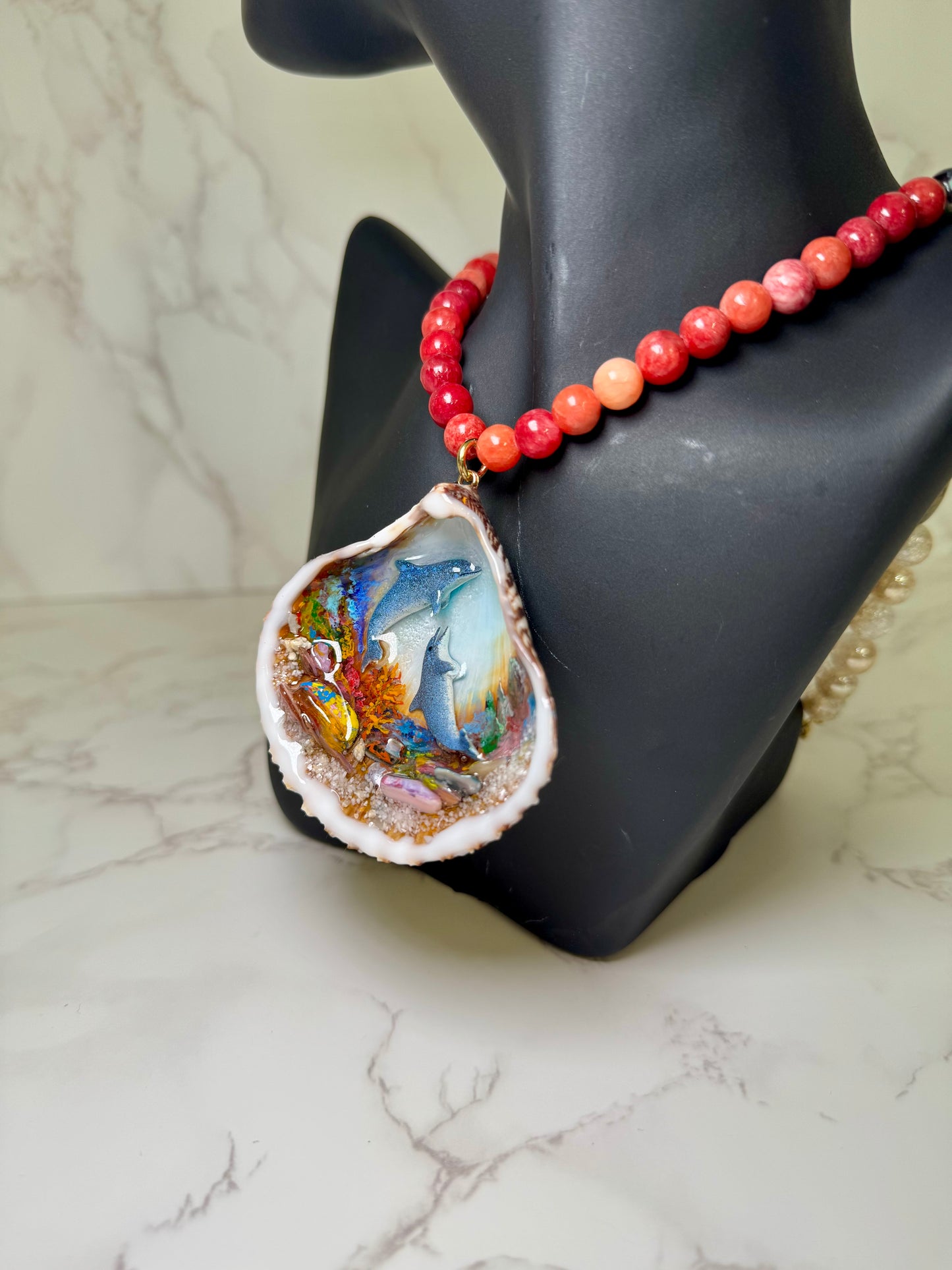 Beautiful Dolphin Couple Necklace Handmade Dolphin Necklace Over Painted Ocean Sunset Encapsulated in Real Shell with UV Resin on Leather Cord