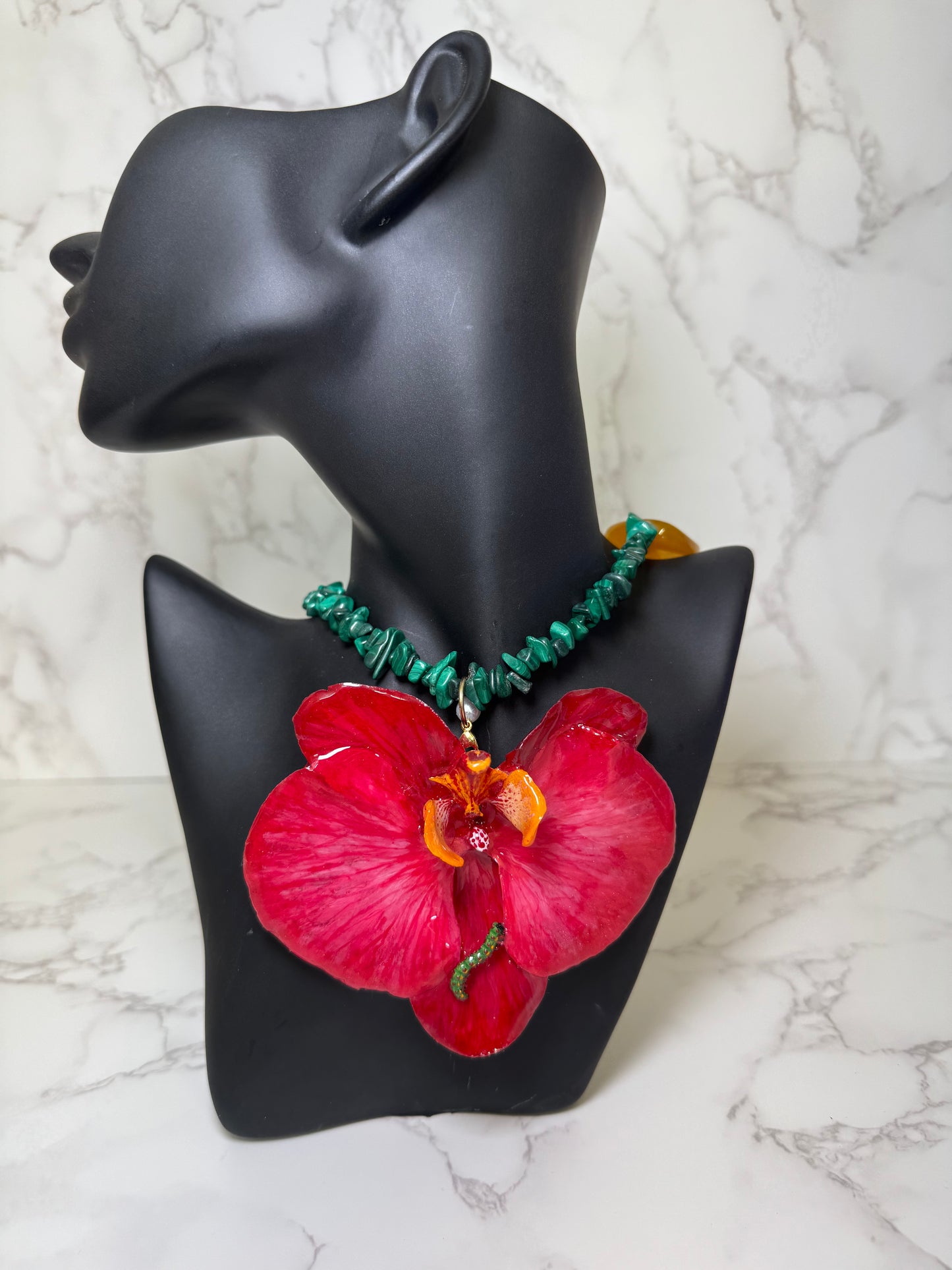 Fuchsia Orchid with Caterpillar Live Beauty Captured – Handmade Orchid Jewelry in Resin