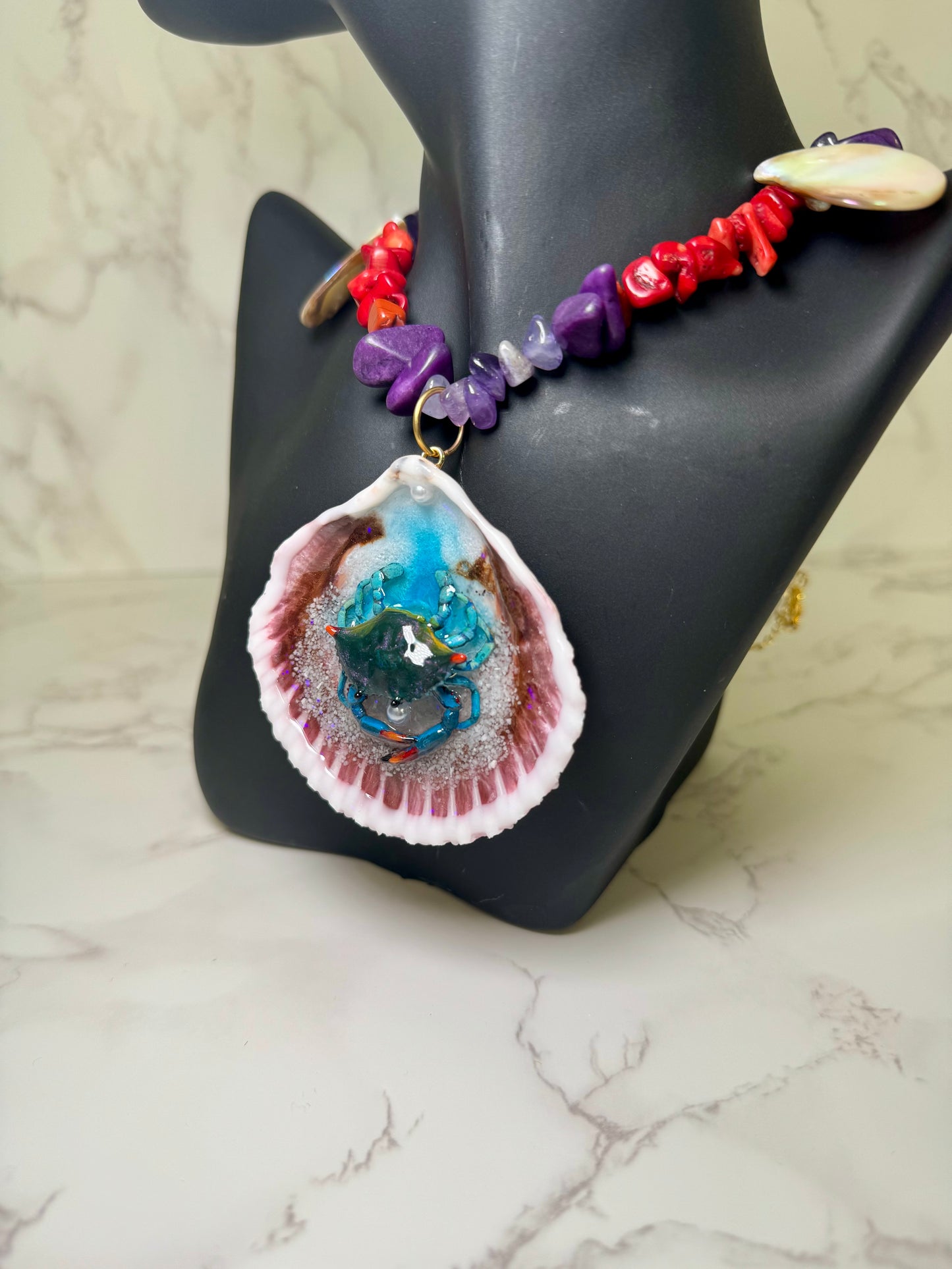Set Blue Crab Necklace Resin‑Encased Shell Collection Shell Necklaces Sea Necklaces Epoxy Resin