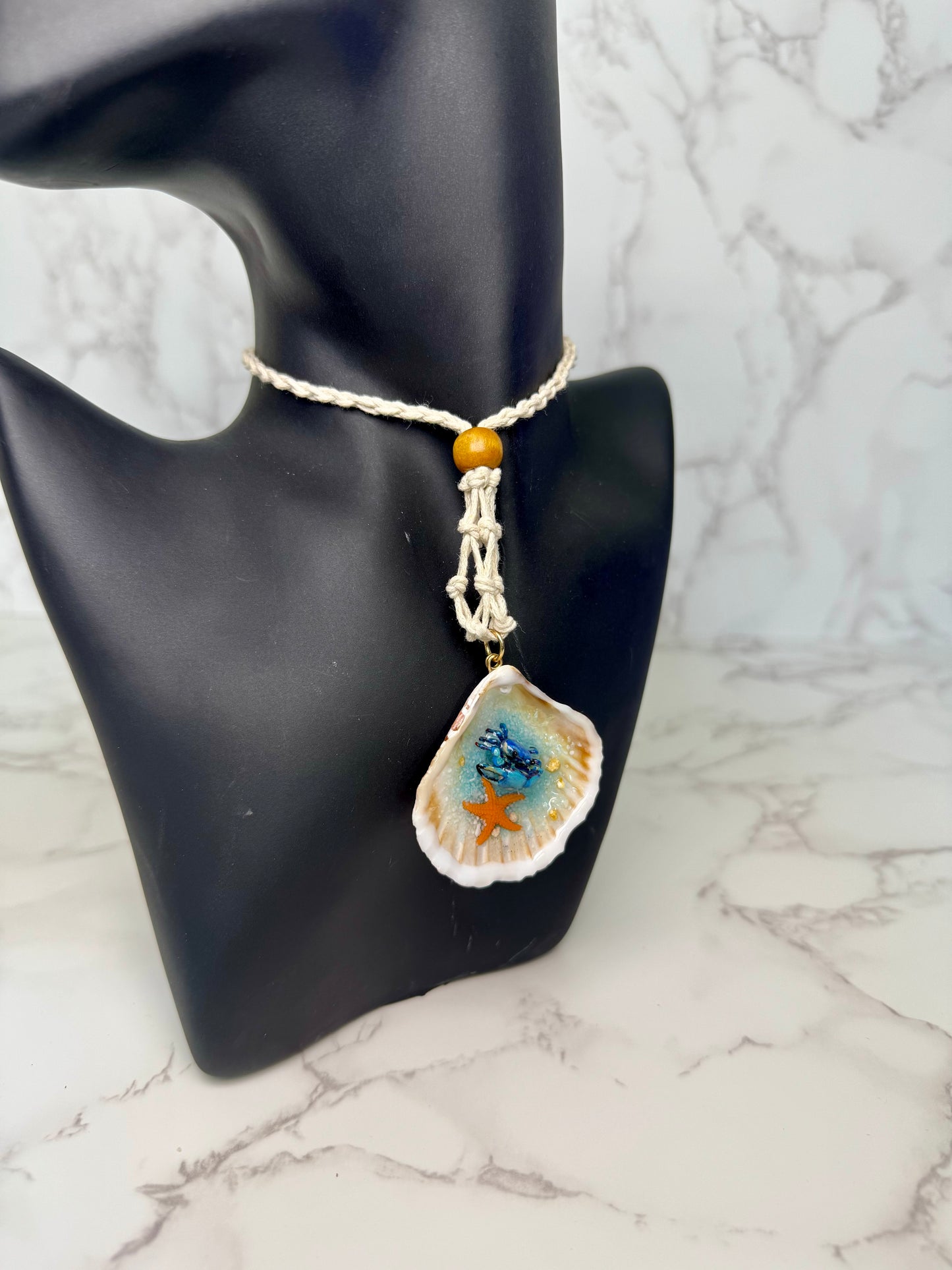 Mini Blue Sand Crab with Starfish Handmade Mini Sand Crab Necklace Encapsulated in Real Shell with UV Resin
