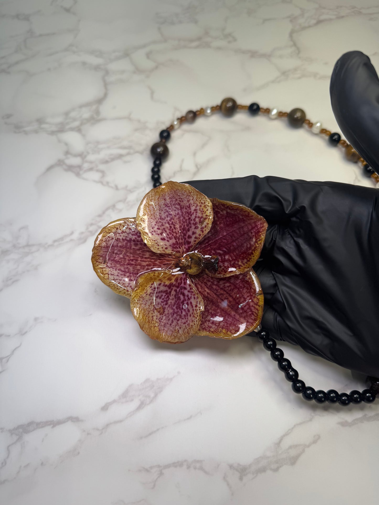 Long Brown & Yellow Orchid Necklace