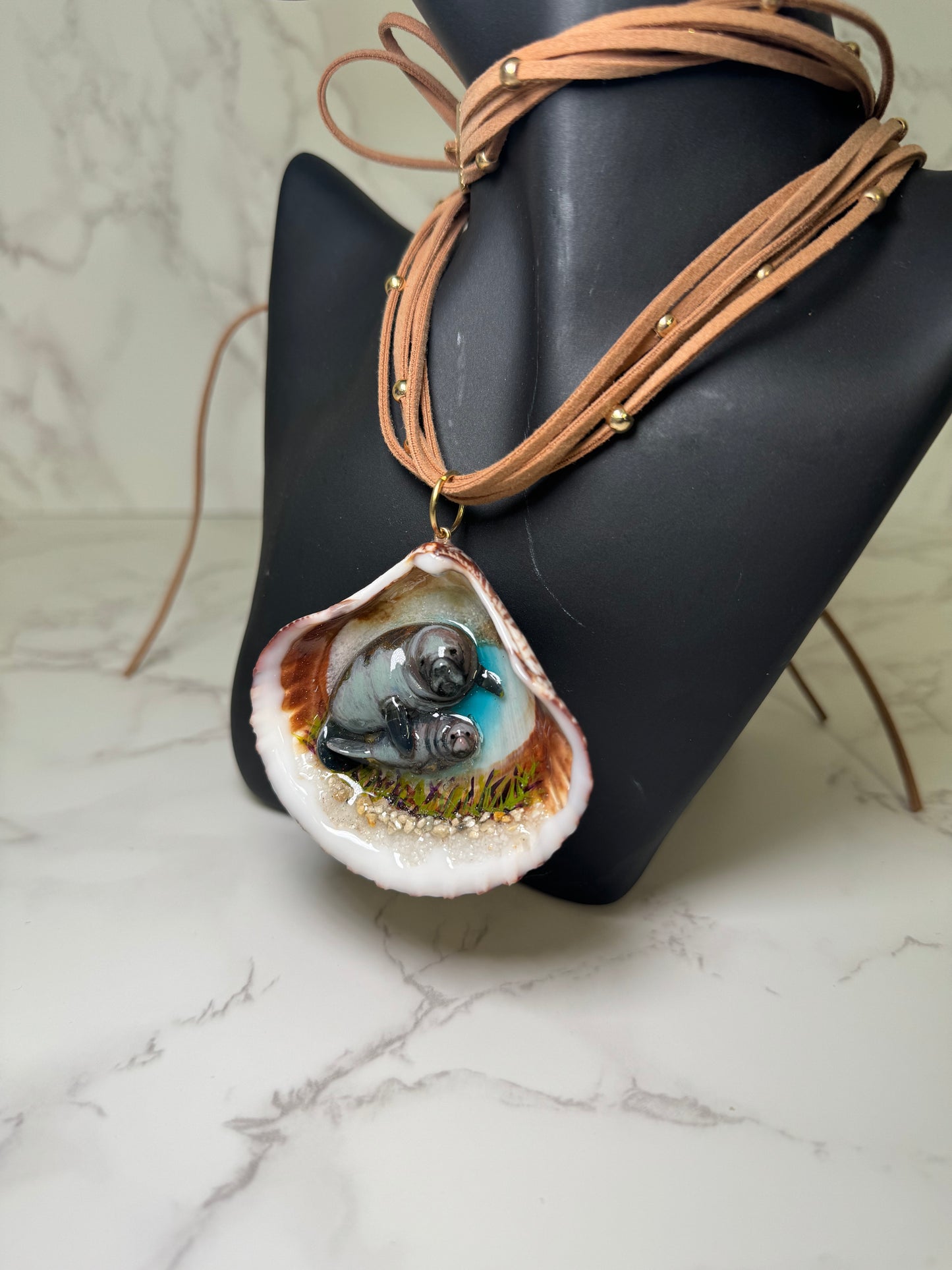Green Handmade Manatee Couple Necklace Encapsulated in Real Shell with UV Resin on Stones Strand