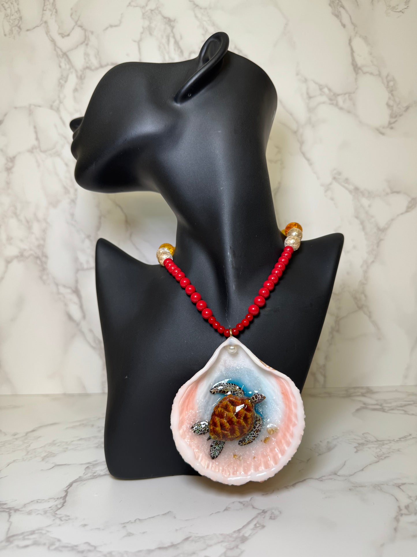 Brown Sea Turtle Resin‑Encased Handmade Sea Turtle Necklace Encapsulated in Real Shell with UV Resin on Fine Colored Crystal Beads