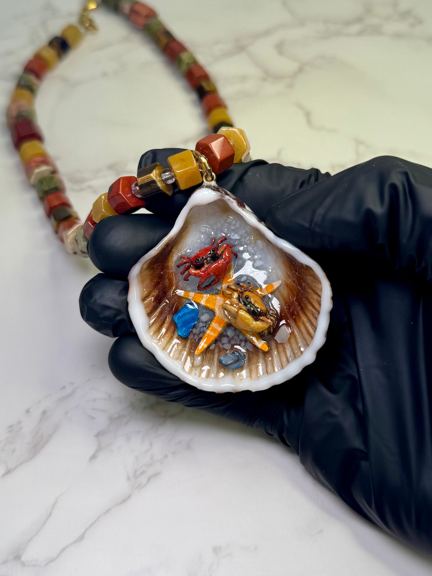 Red and yellow Crab Crab Shell Necklace - Encapsulated in Real Shell with UV Resin