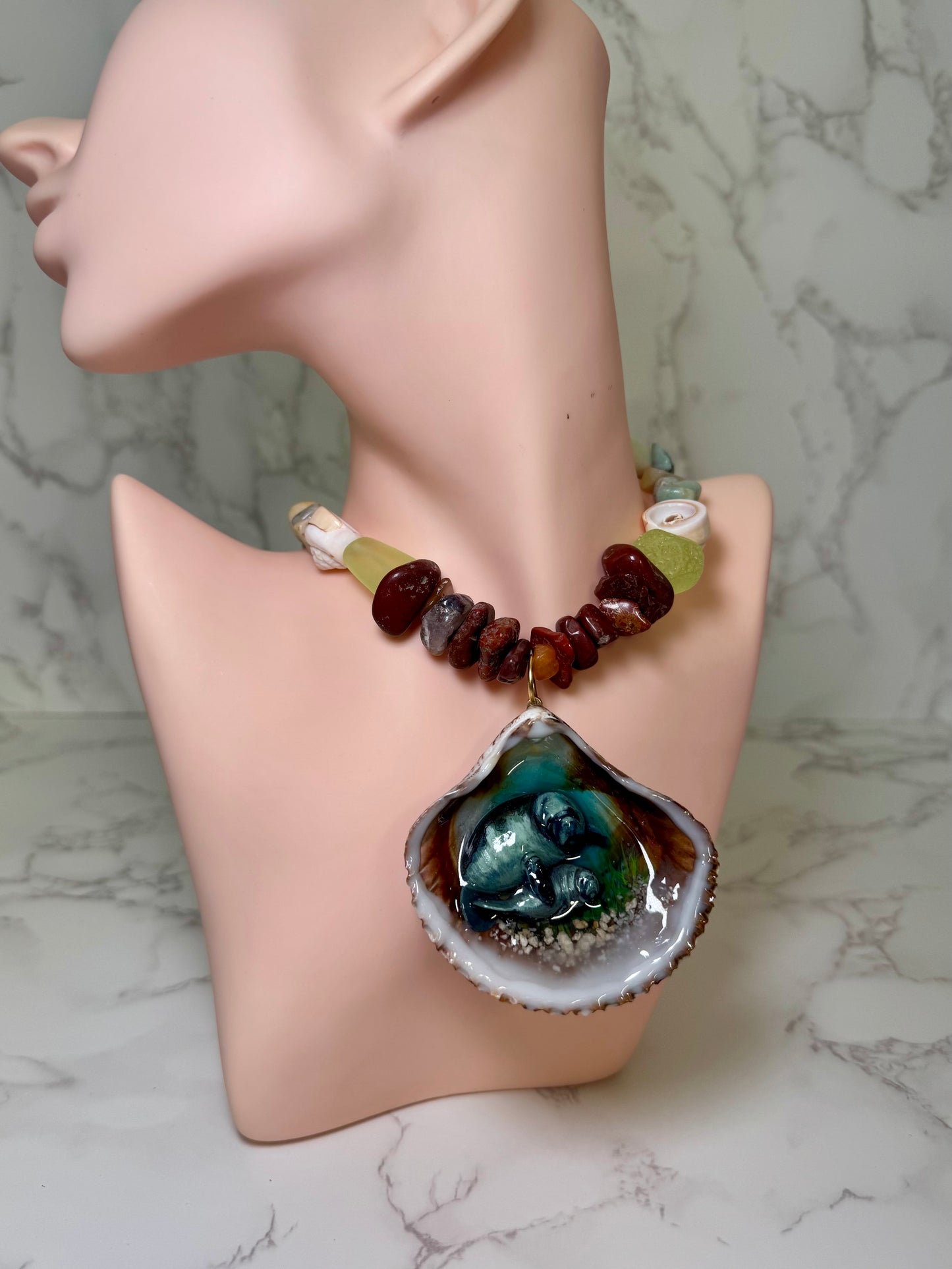 Grey Handmade Manatee Couple Necklace Encapsulated in Real Shell with UV Resin on Adjustable Leather Cord