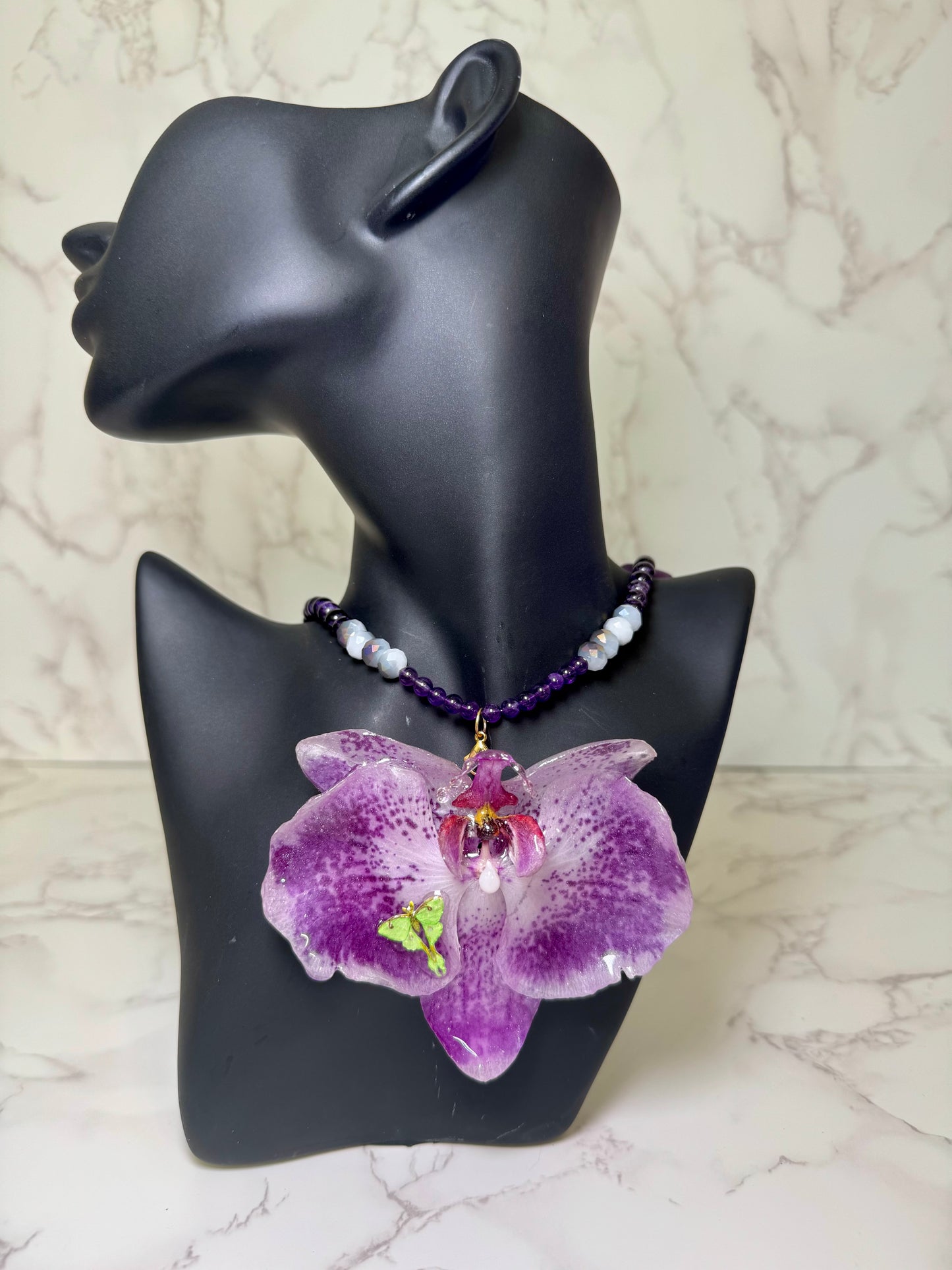 Purple Orchid with Moonlight Butterfly Necklace Real Orchid Necklace – Natural Flower Preserved in Resin