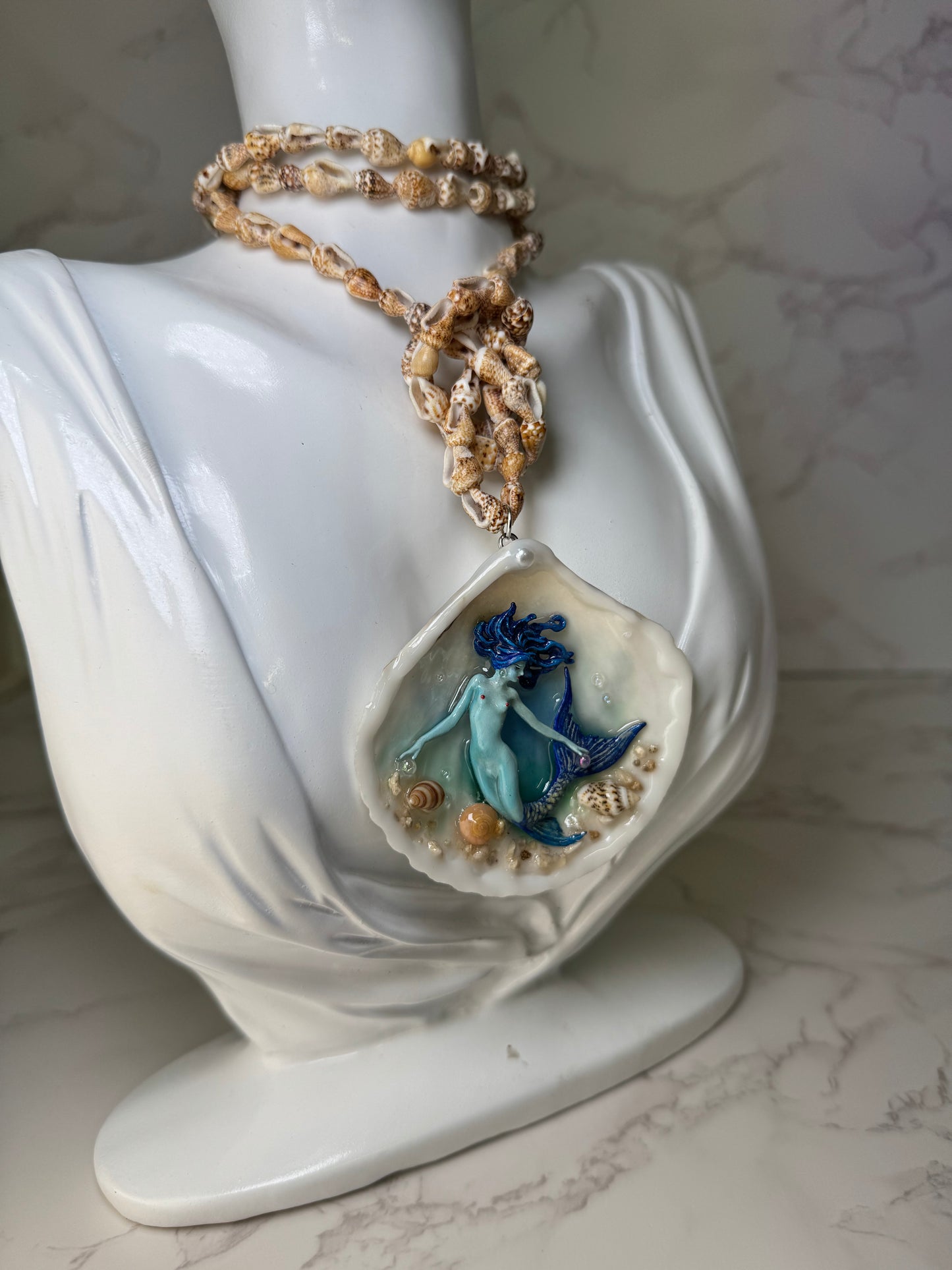 April All Blue Mermaid Sea Shell Necklace – Mermaid in Shell with UV Resin