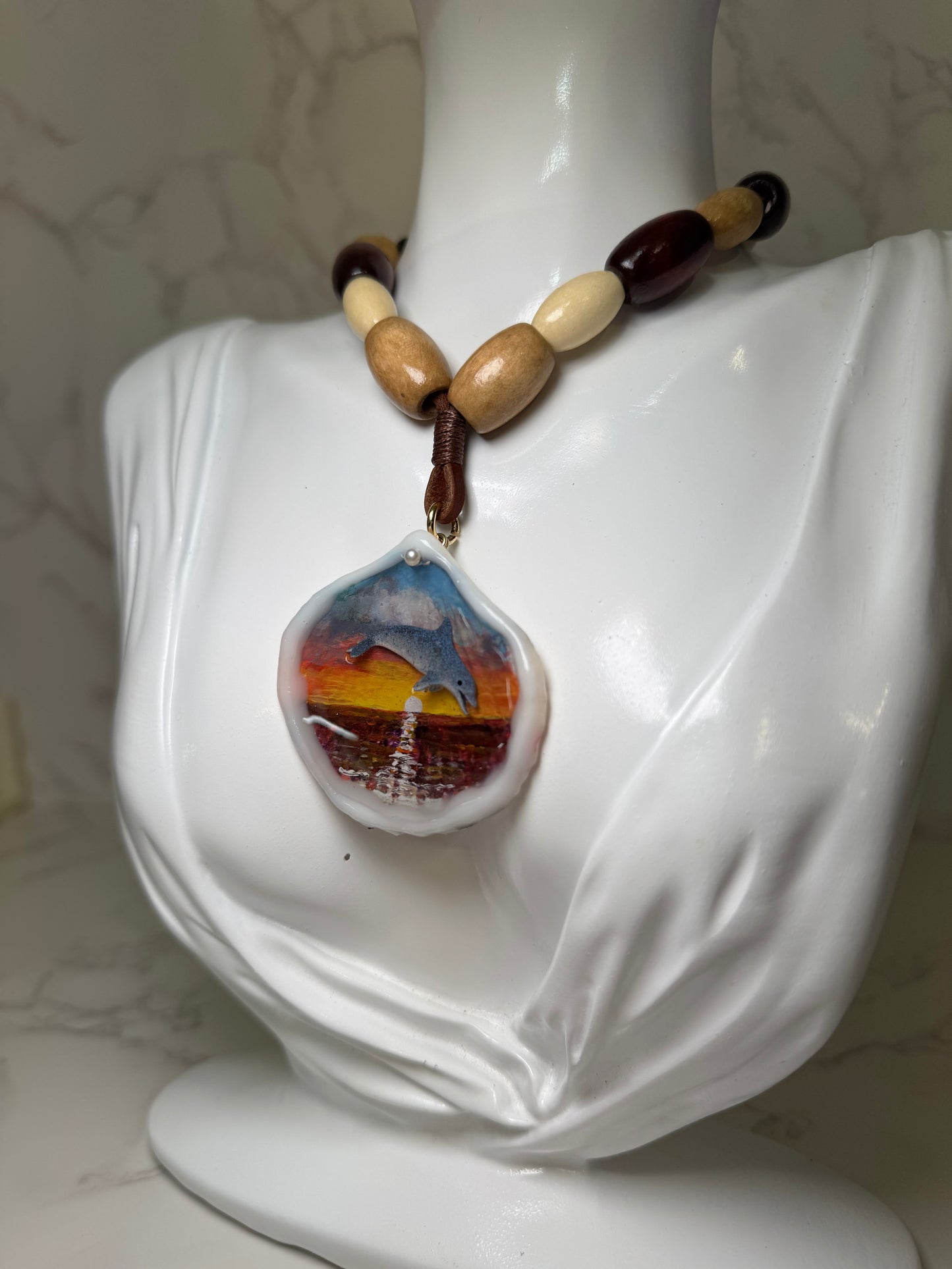 Beautiful Single Dolphin Necklace Handmade Dolphin Necklace Over Painted Ocean Sunset Encapsulated in Real Shell with UV Resin on Leather Cord