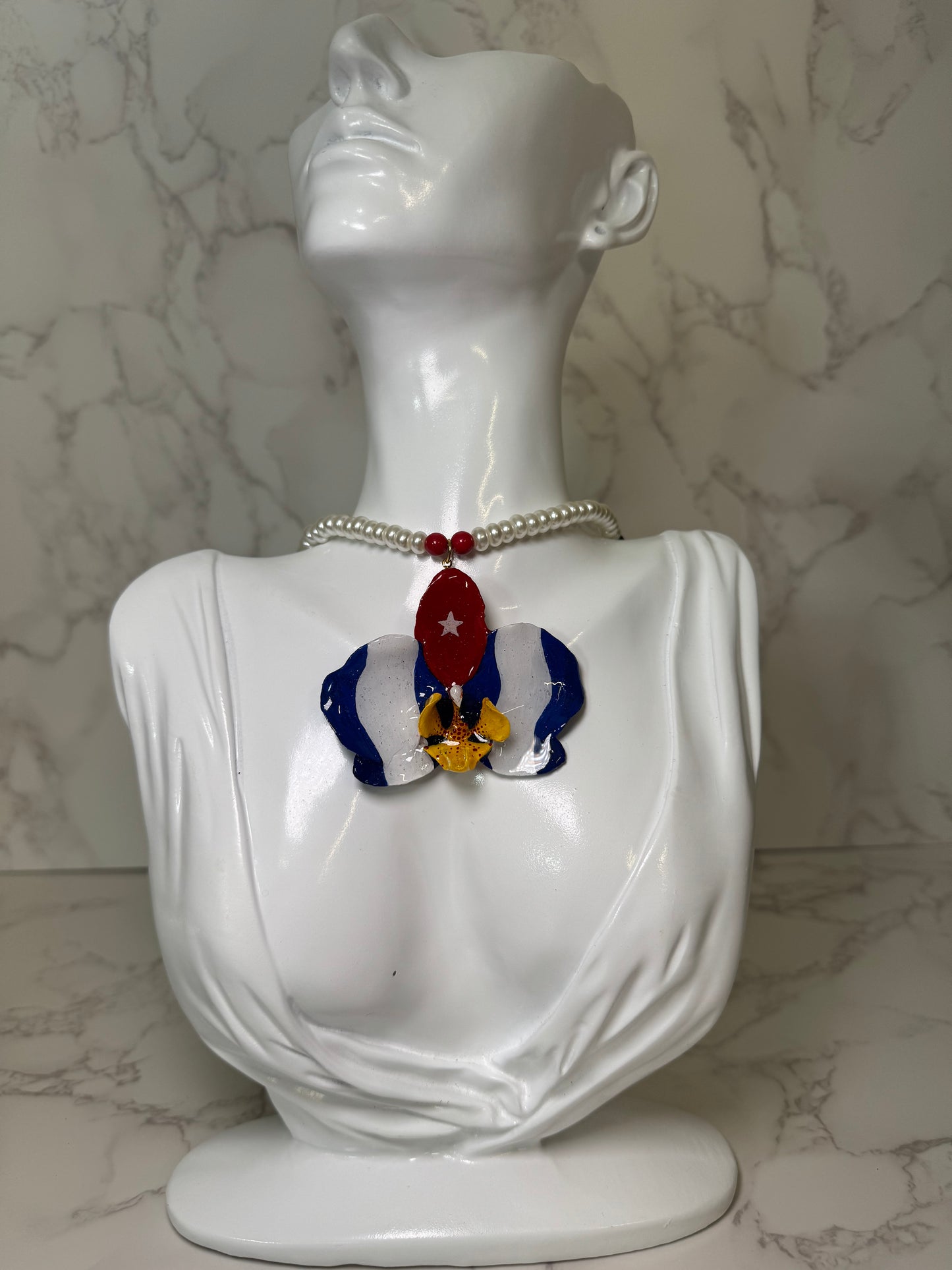 Small Cuban Orchid Necklace Hand-Painted Cuban Flag on Real Preserved Orchid