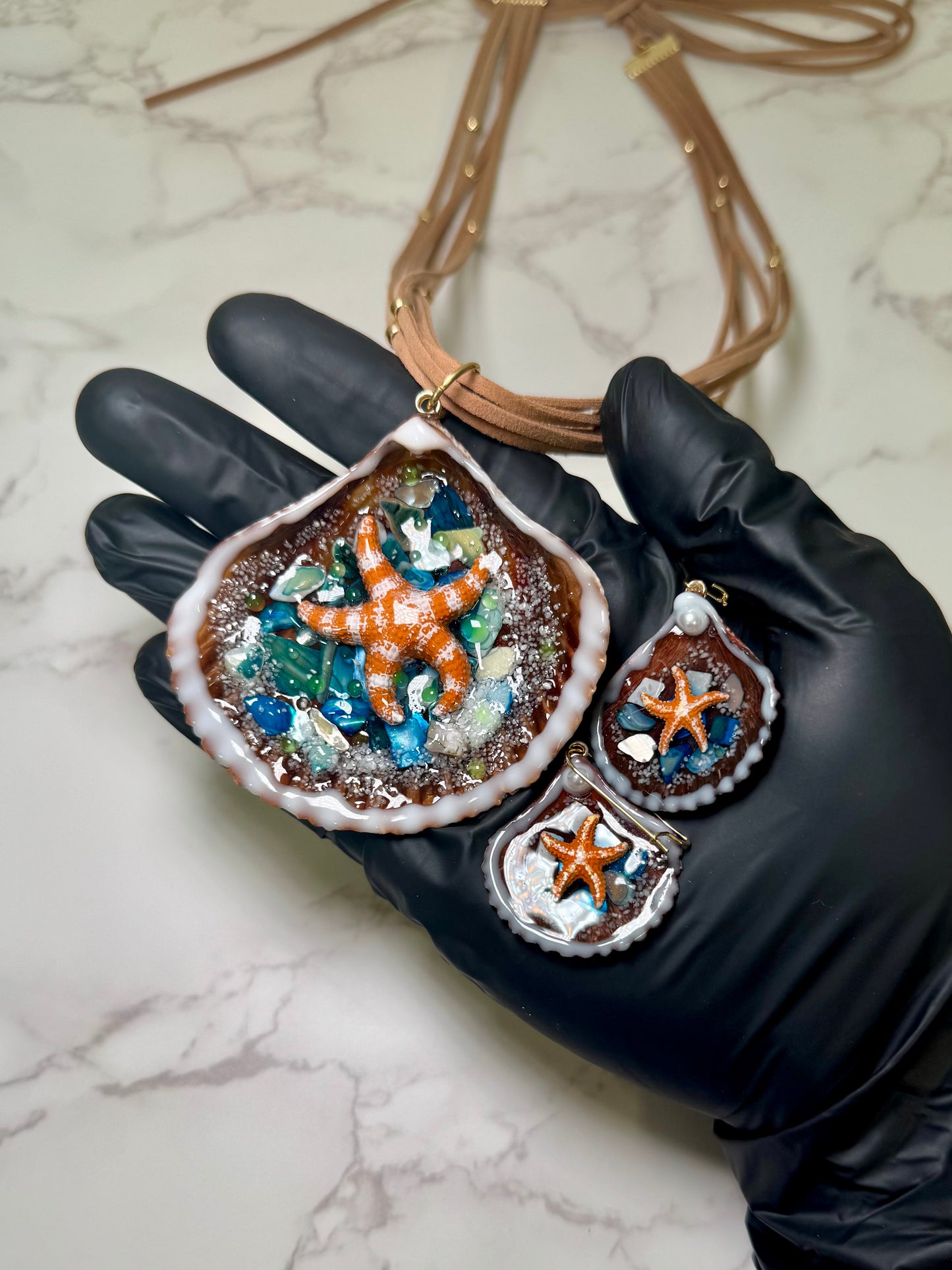 Set Beautiful Orange StarFish with Rocks Handmade Orange Starfish Necklace with White Dots Encapsulated in Real Shell with UV Resin