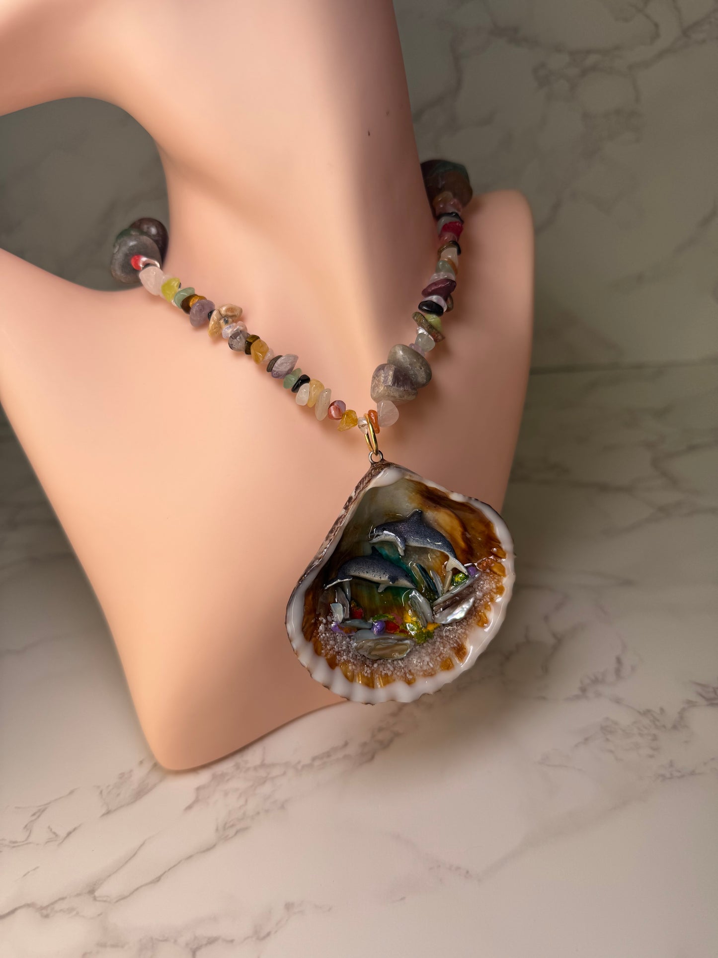 Dolphin Duo Playing Big Reef Shell Necklace - Encapsulated in Real Shell with UV Resin