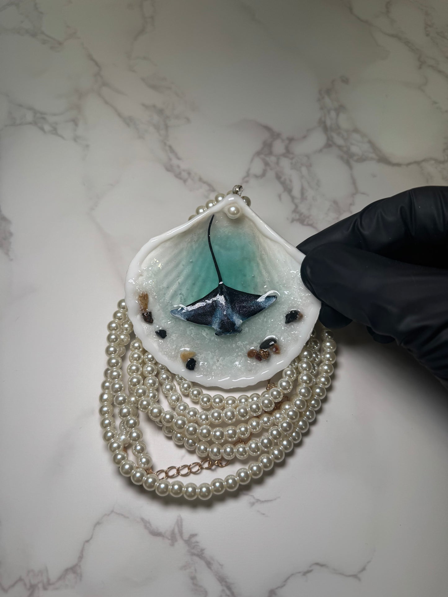 Manta Cielo Beautiful Handmade Manta Ray Necklace Encapsulated in Real Shell with UV Resin on Fine Crystal Beads