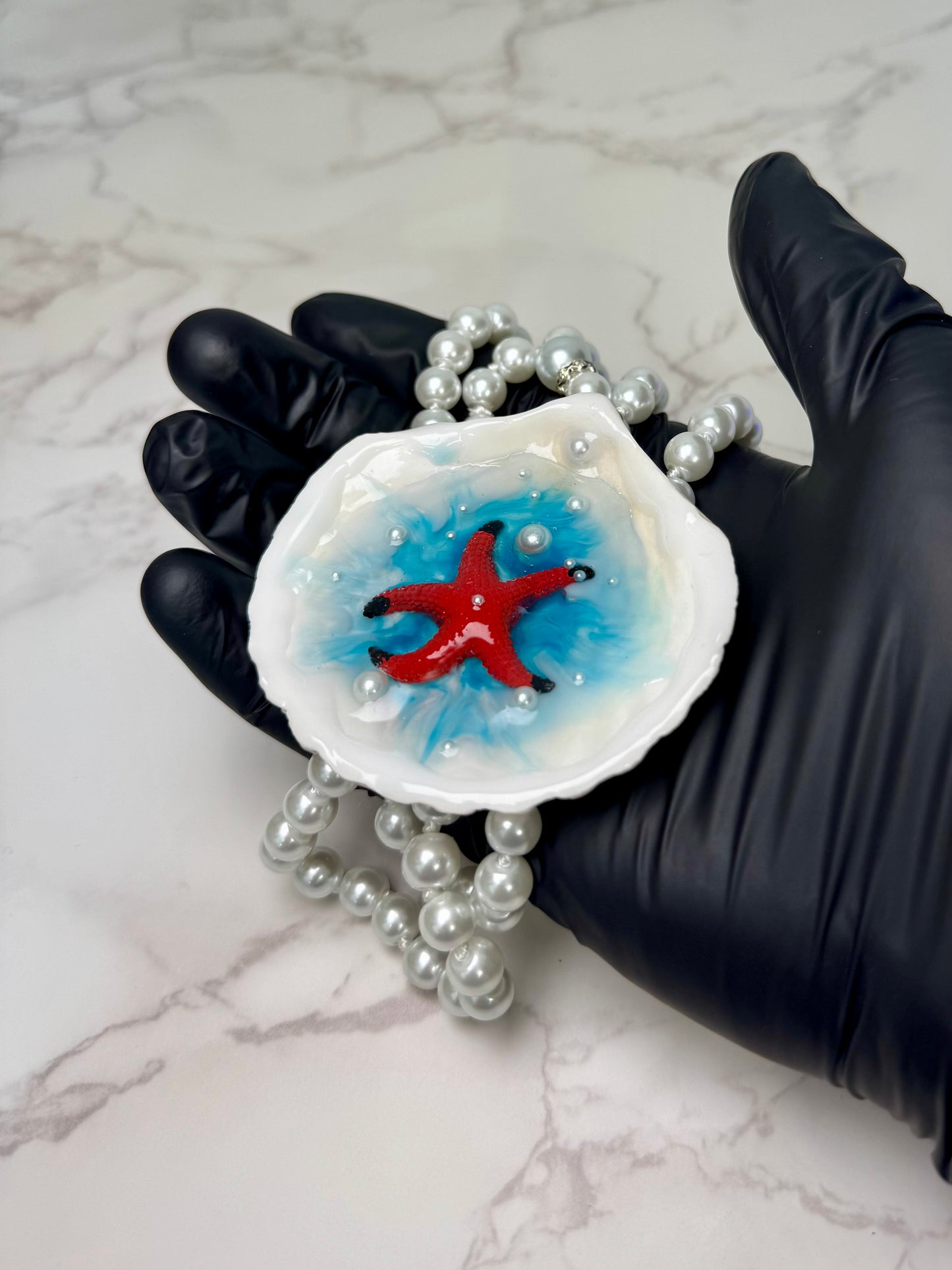 Set Beautiful Red Handmade Red Starfish Necklace with Black Tips Encapsulated in Real Shell with UV Resin