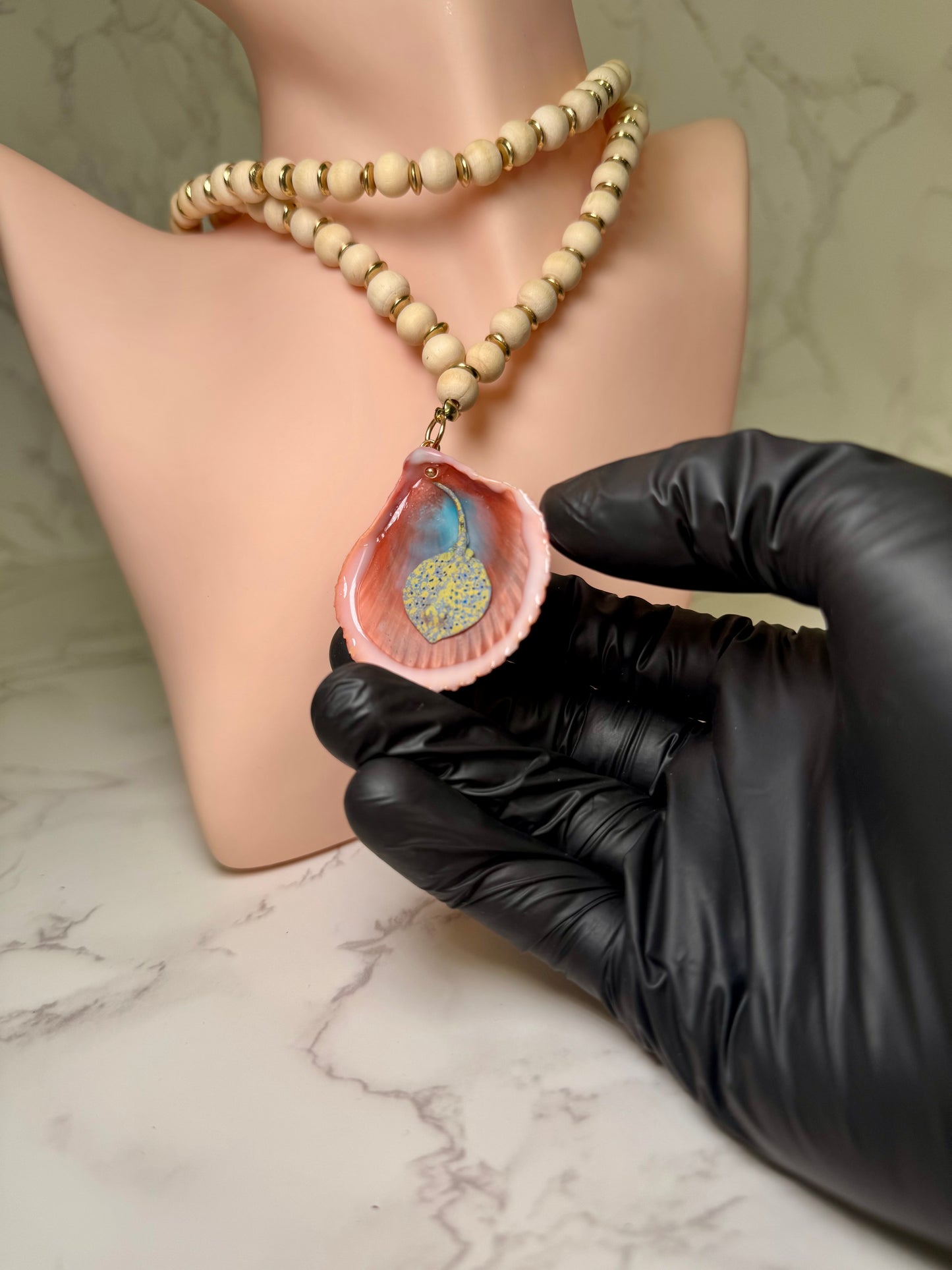 Light Single Sting Ray Handmade Stingray Necklace Encapsulated in Real Shell with UV Resin