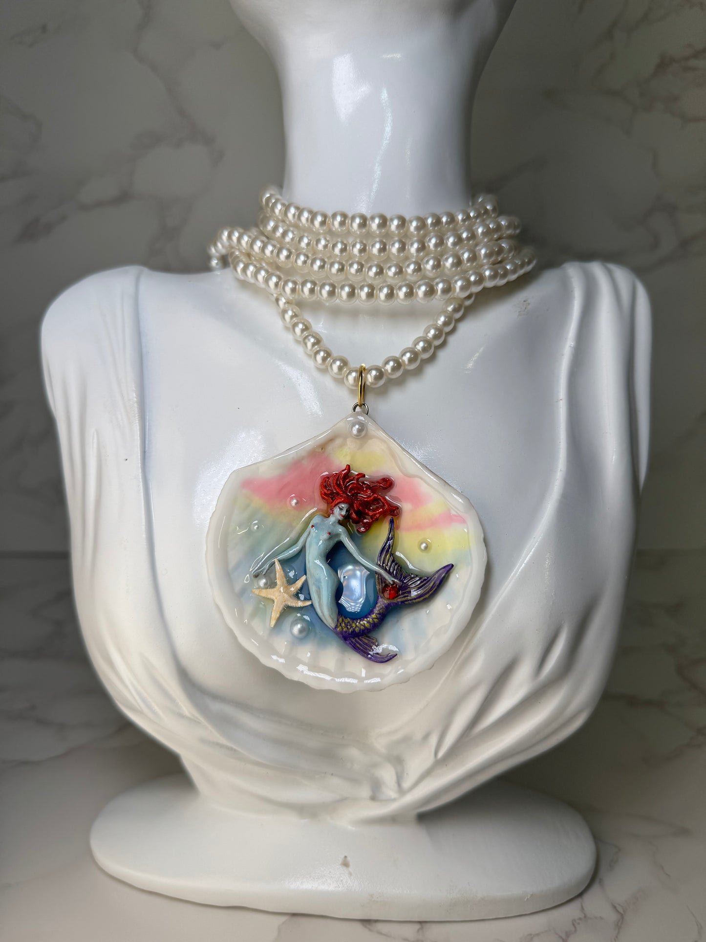 June Red Hair Sea Star Mermaid Sea Shell Necklace – Mermaid in Shell with UV Resin