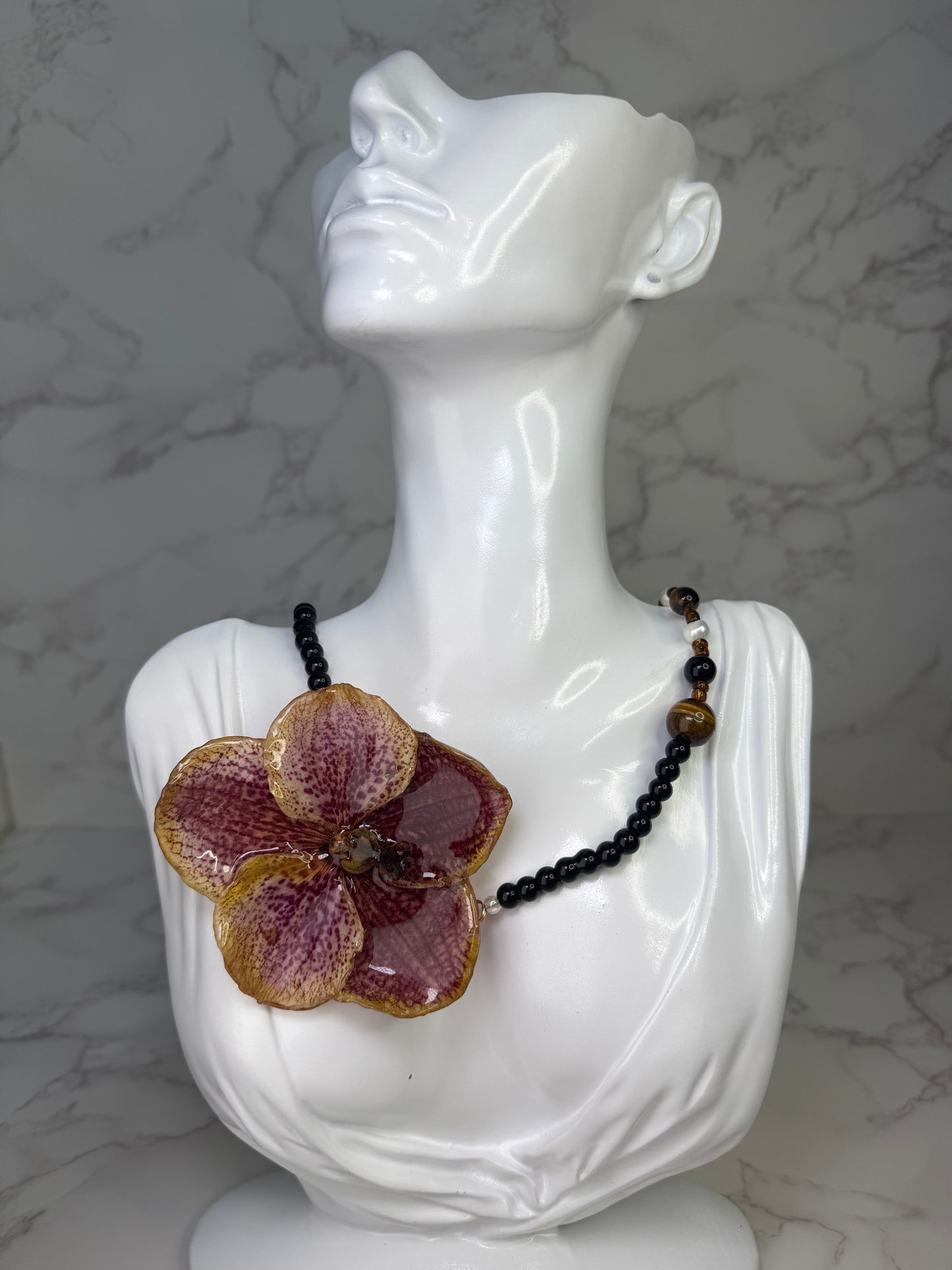 Long Brown & Yellow Orchid Necklace