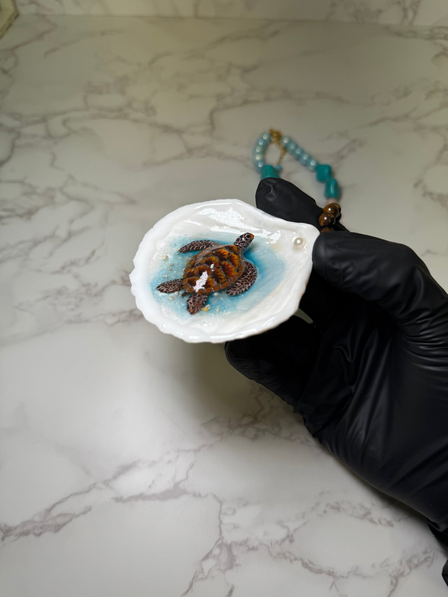 Dark Brown Sea Turtle Resin‑Encased Sea Turtle in Shell with UV Resin on Crystal Bead Necklace