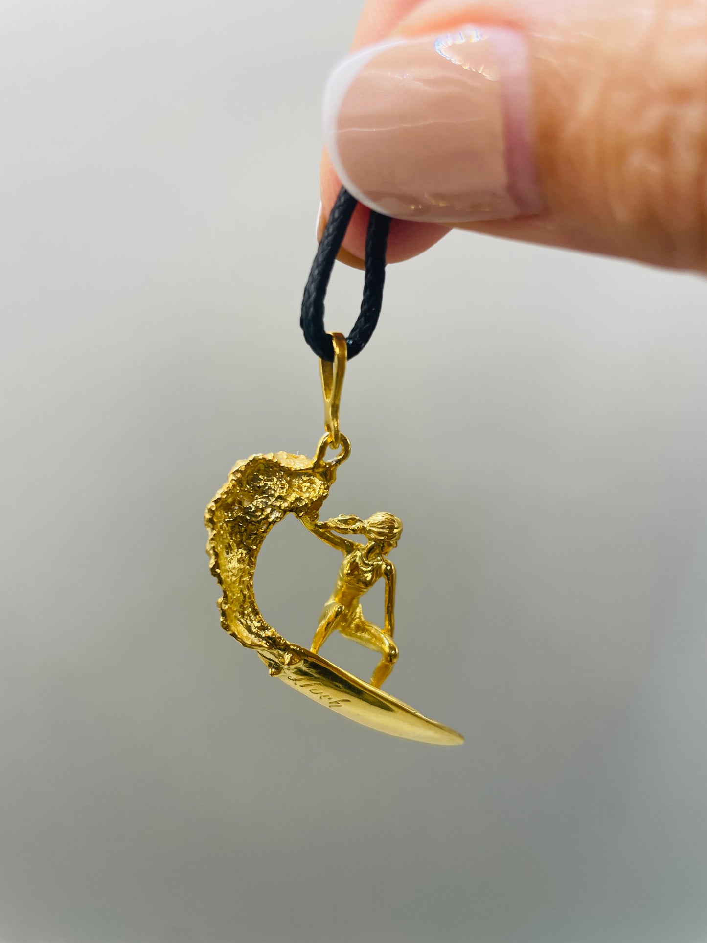 Surfer Girl Riding Surfboard Necklace, Handcrafted 3D Pendant in 925 Sterling Silver, Unique Ocean-Inspired Jewelry Gift for Surfing Lovers, Durable Hypoallergenic Material, Handmade in USA