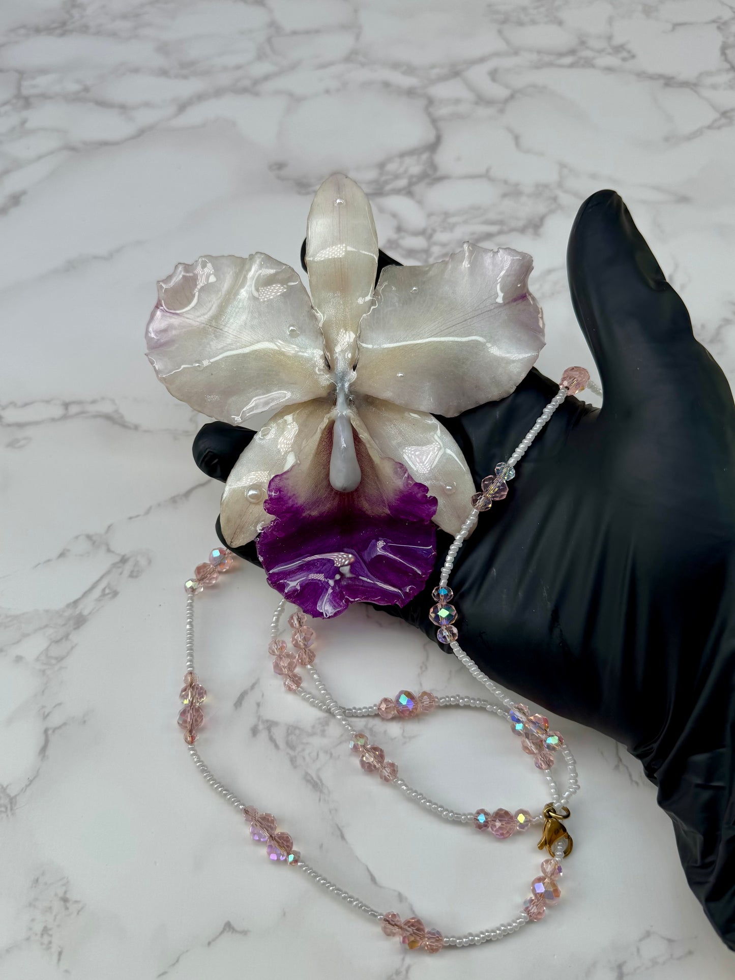 Blush Crystal Cattleya White & Light Purple Cattleya Orchid Necklace – Clear & Pink Crystal Beaded Jewelry