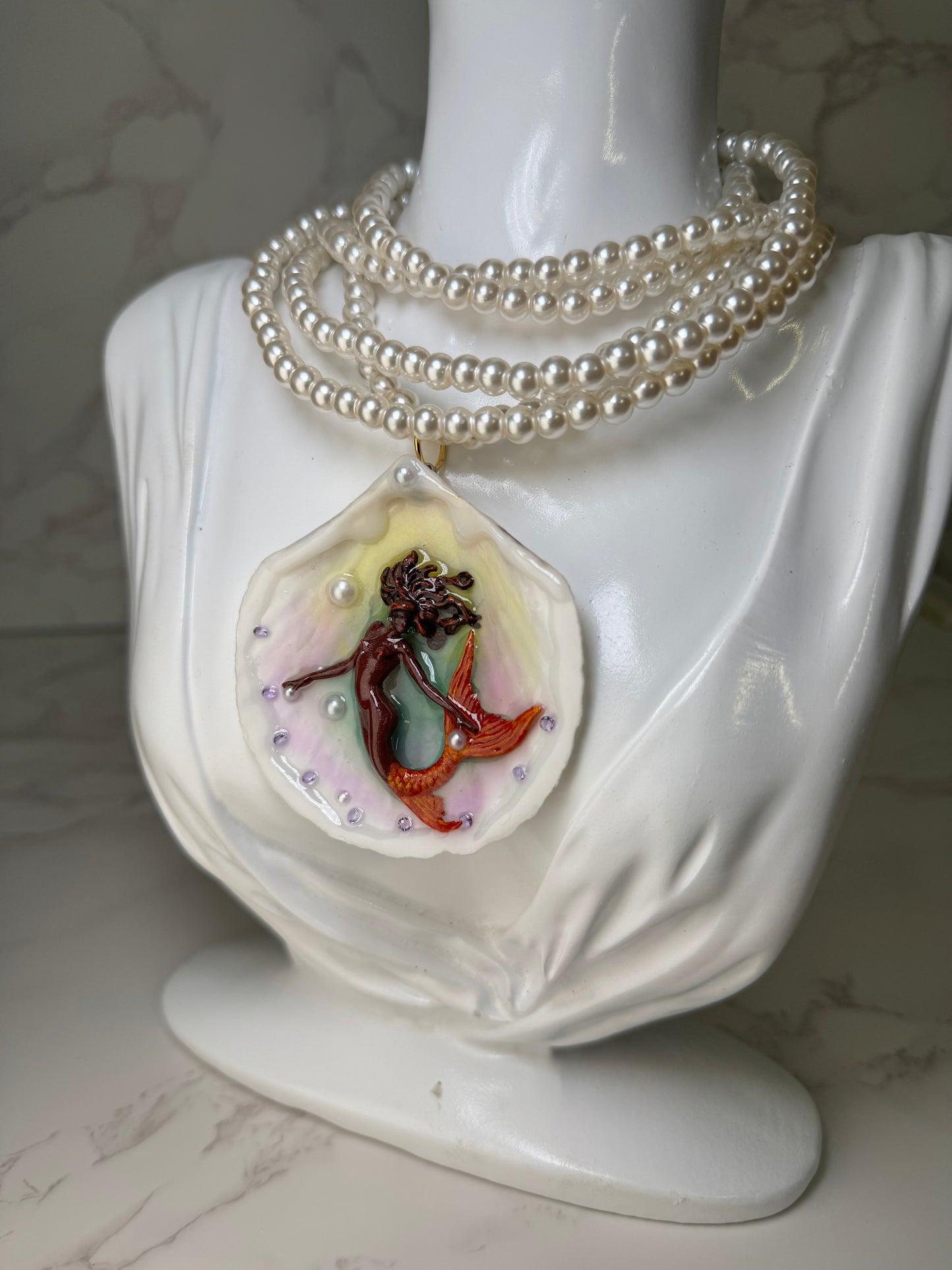 October Brownskin Mermaid Sea Shell Necklace – Mermaid in Shell with UV Resin