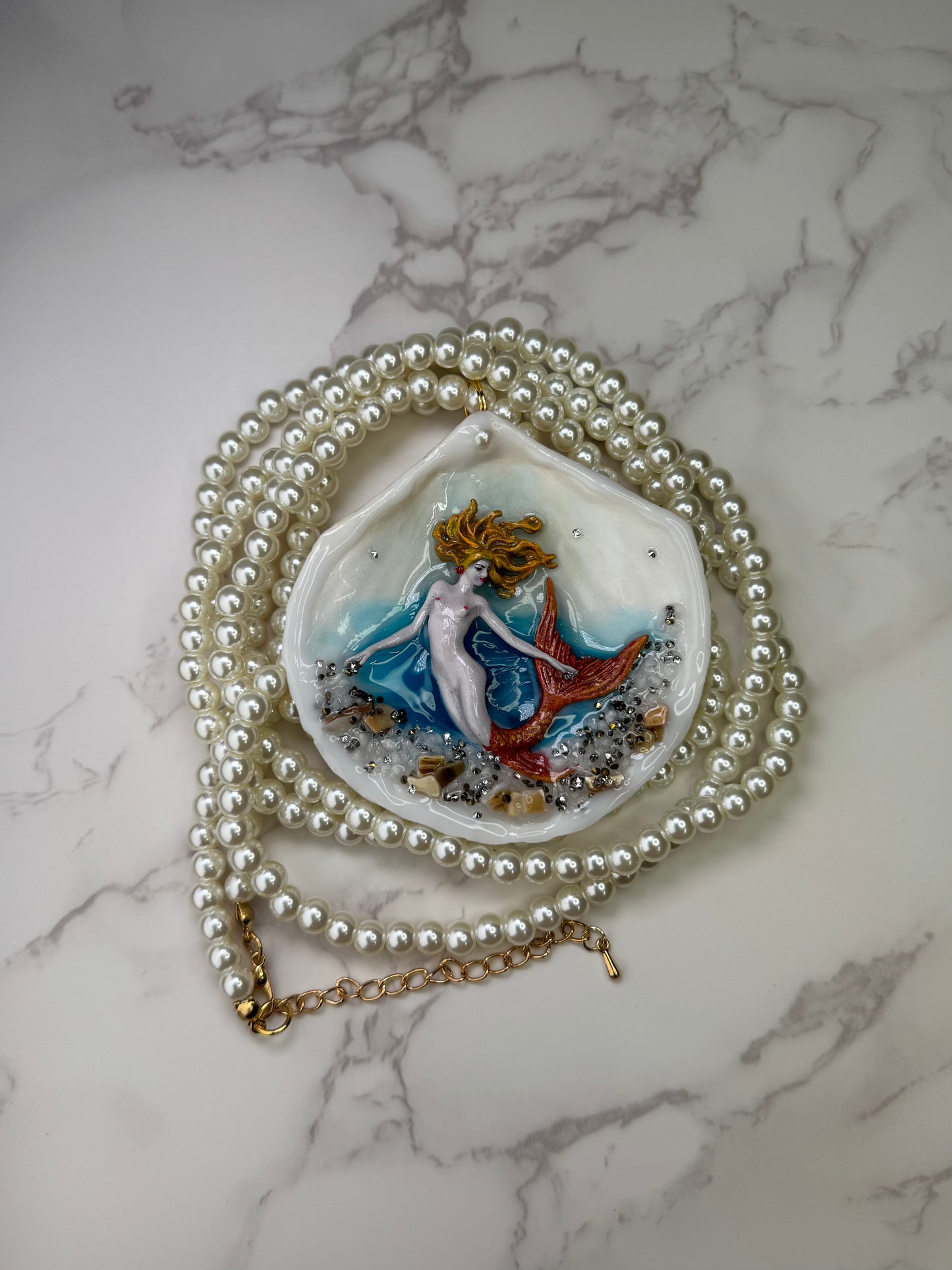 Notos Mermaid Sea Shell Necklace – Mermaid in Shell with UV Resin Red Hair Mermaid Shell Pendant – Crystal Beaded Handmade Jewelry