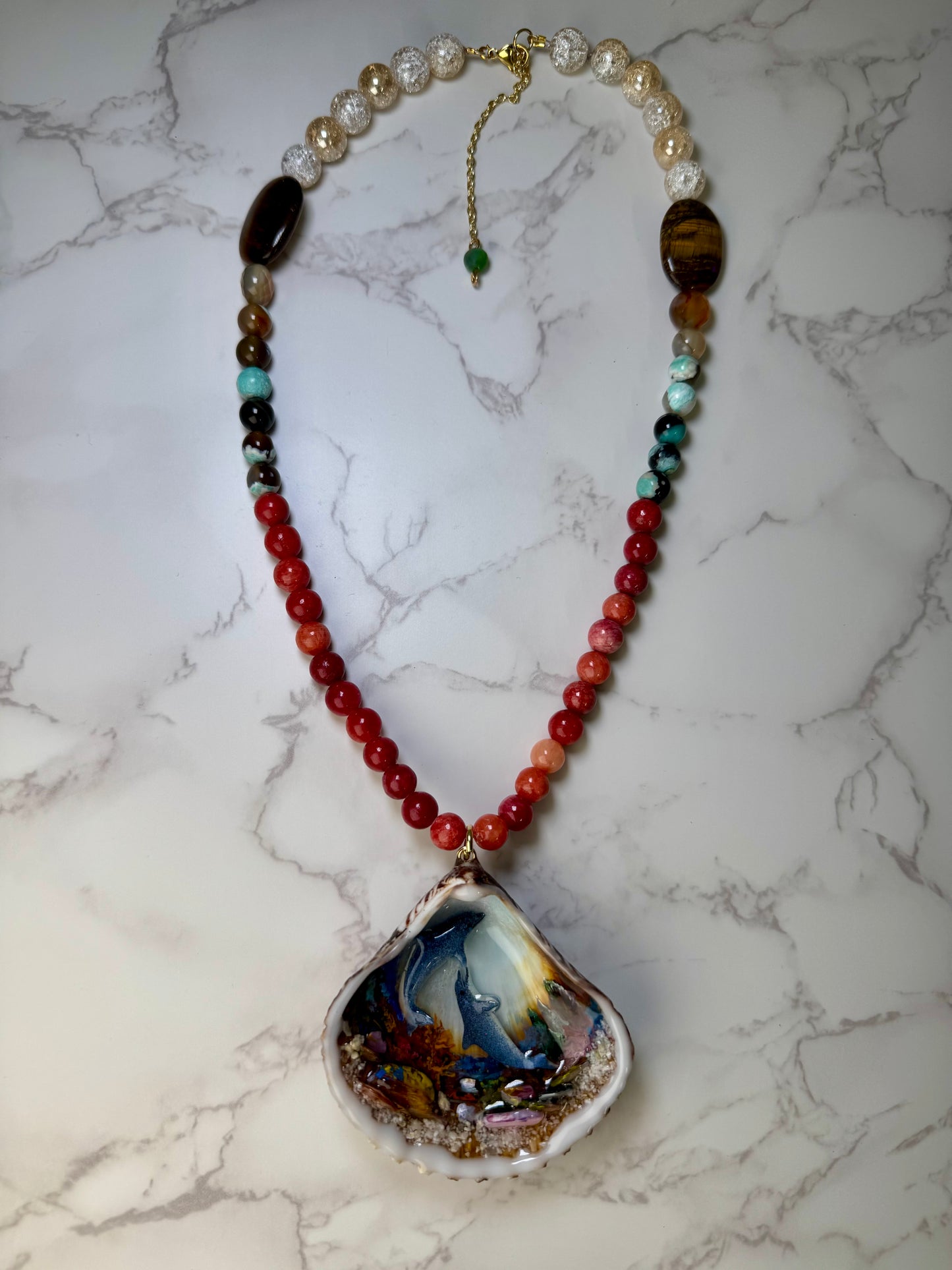 Beautiful Dolphin Couple Necklace Handmade Dolphin Necklace Over Painted Ocean Sunset Encapsulated in Real Shell with UV Resin on Leather Cord