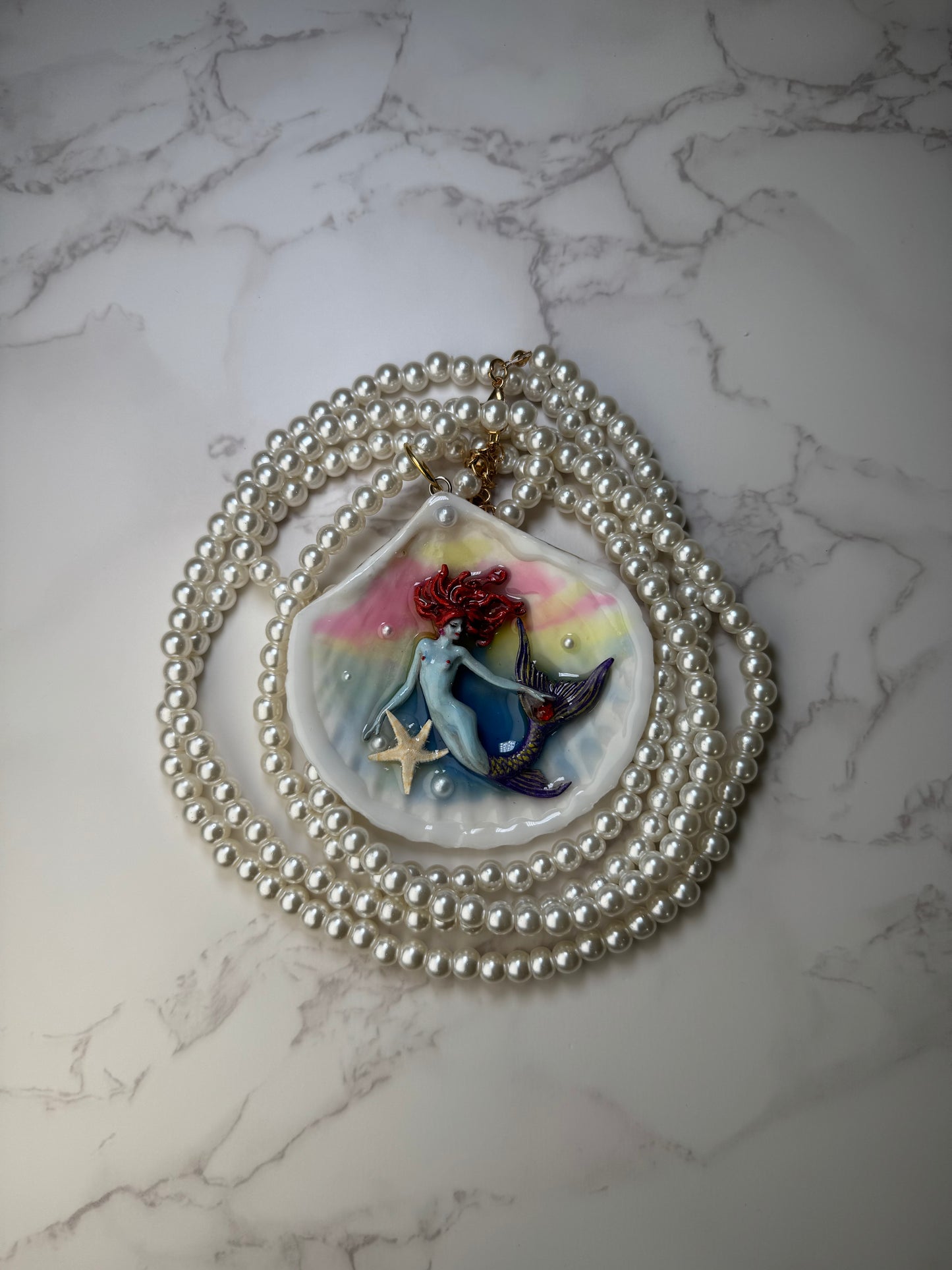 June Red Hair Sea Star Mermaid Sea Shell Necklace – Mermaid in Shell with UV Resin