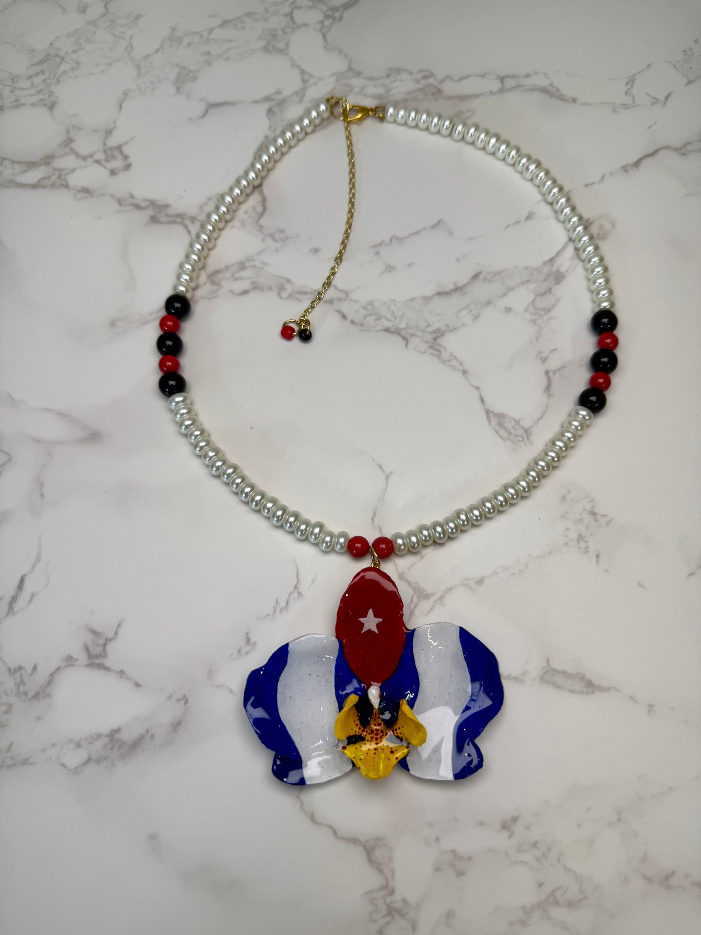 Small Cuban Orchid Necklace Hand-Painted Cuban Flag on Real Preserved Orchid