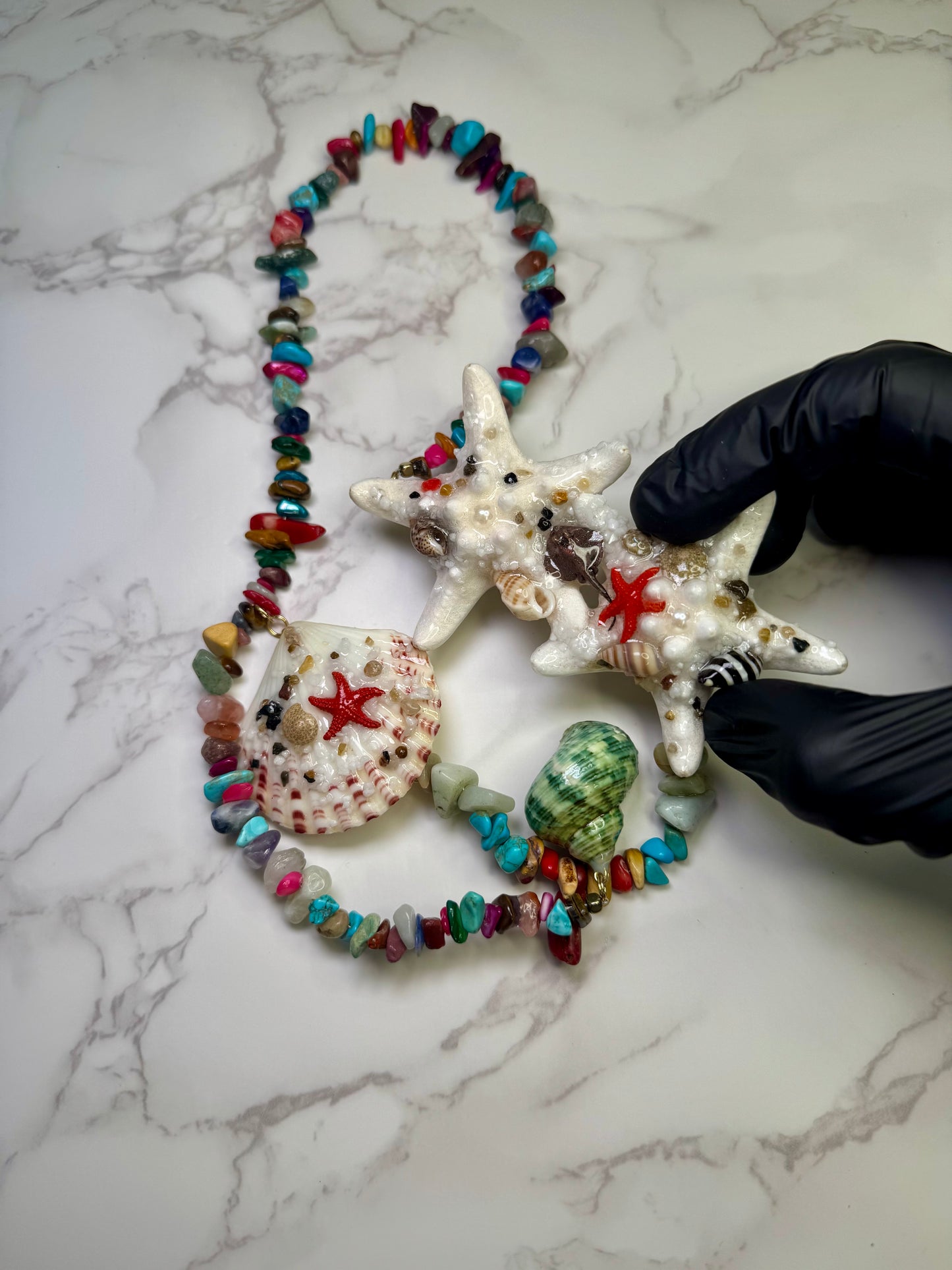 White Starfish, Seashell & Rock Crystal Necklace
