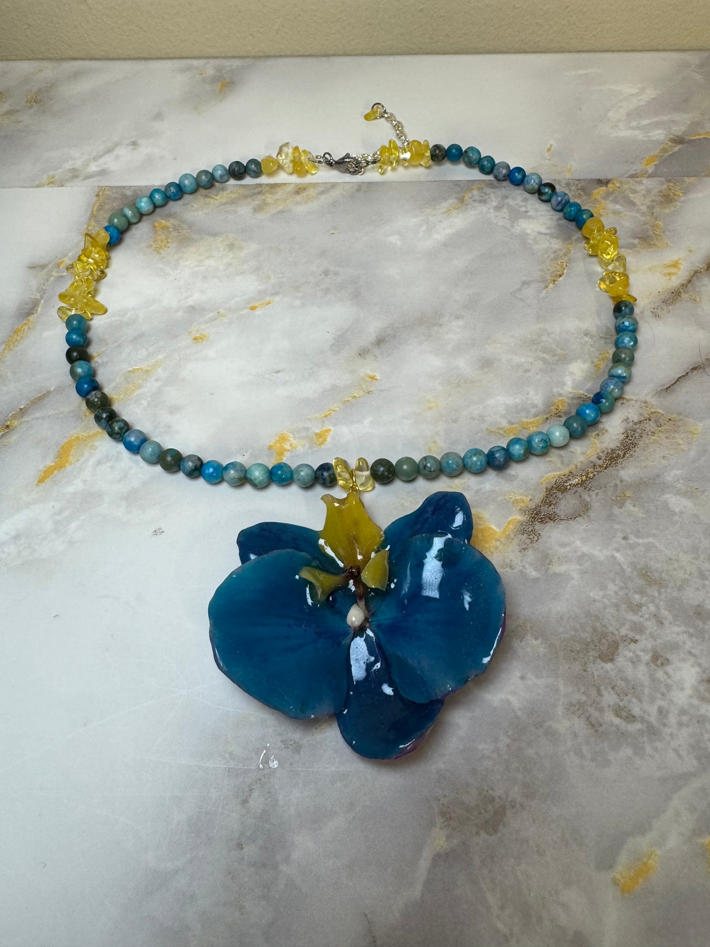 Blue-Yellow Real Orchid Resin Necklace Real orchid dried in silica gel and preserved in ultraviolet resin Made with Crystal Accents