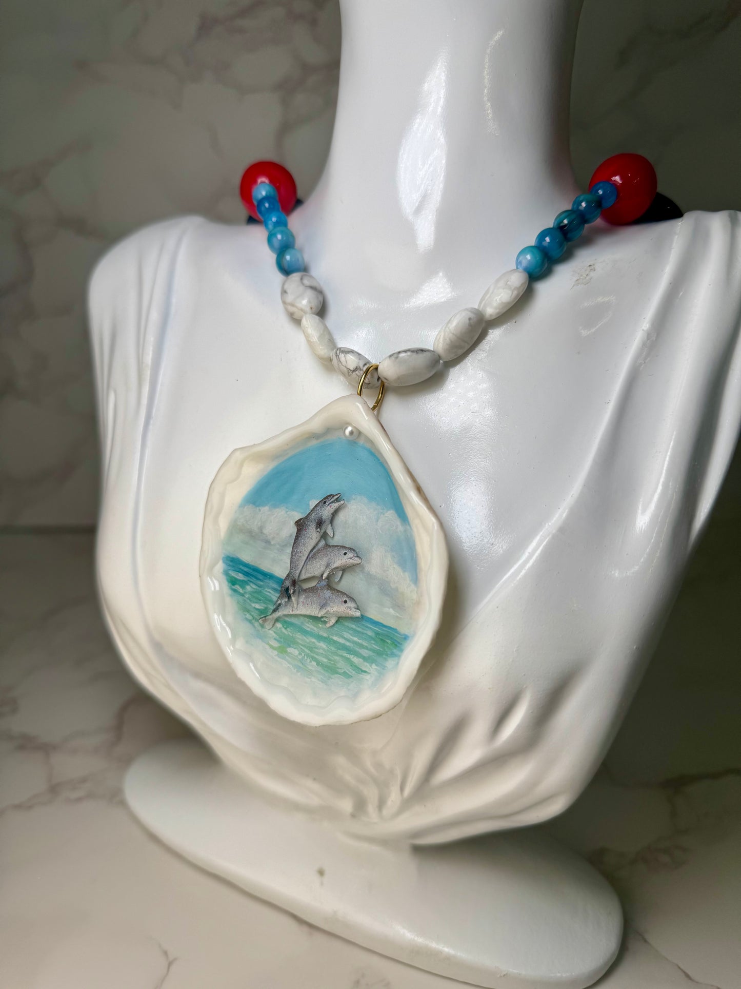Three Dolphins Necklace Resin‑Encased Handmade Trio of Dolphins Necklace Encapsulated in Real Shell with UV Resin on Fine Colored Crystal Beads