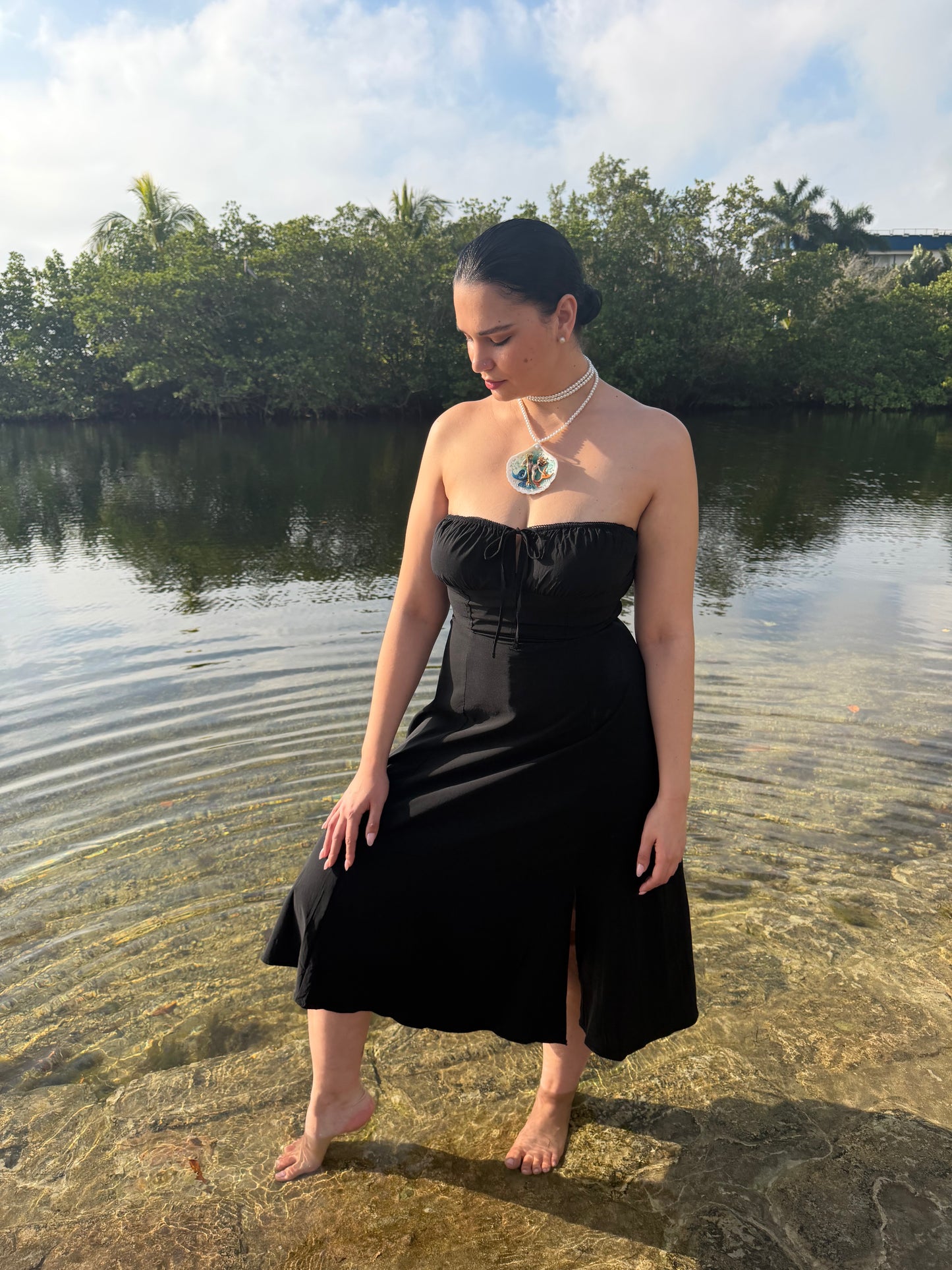 The Ocean King & The Coral Flame Mermaids– Guardians of the Deep Mermaid & Triton Natural Shell Necklace – Long Crystal Pearl Triple Wrap Beaded Jewelry