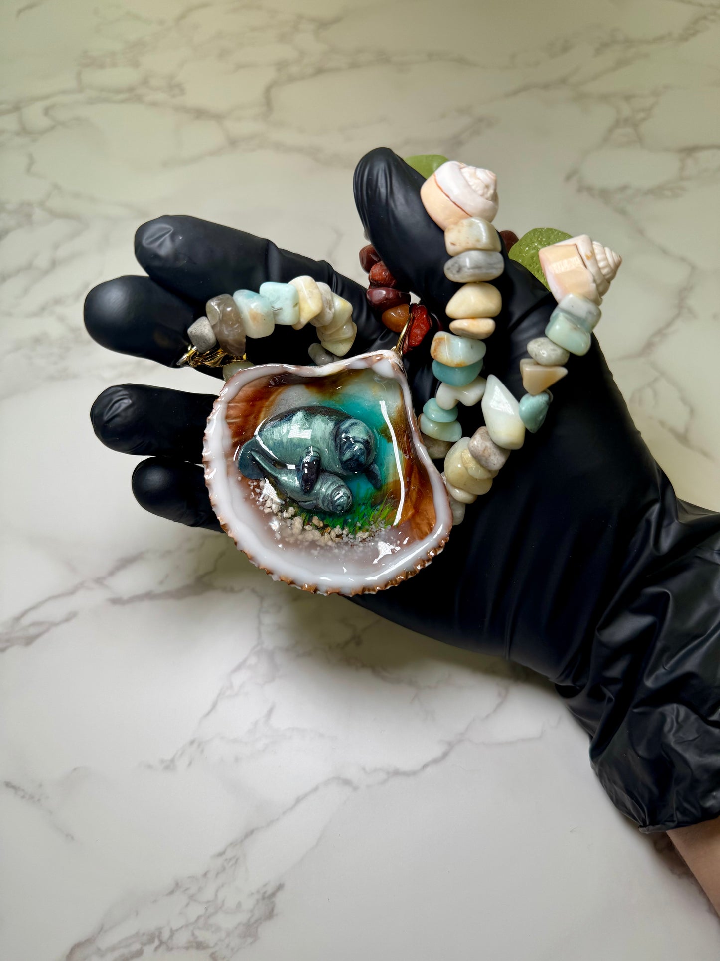 Grey Handmade Manatee Couple Necklace Encapsulated in Real Shell with UV Resin on Adjustable Leather Cord