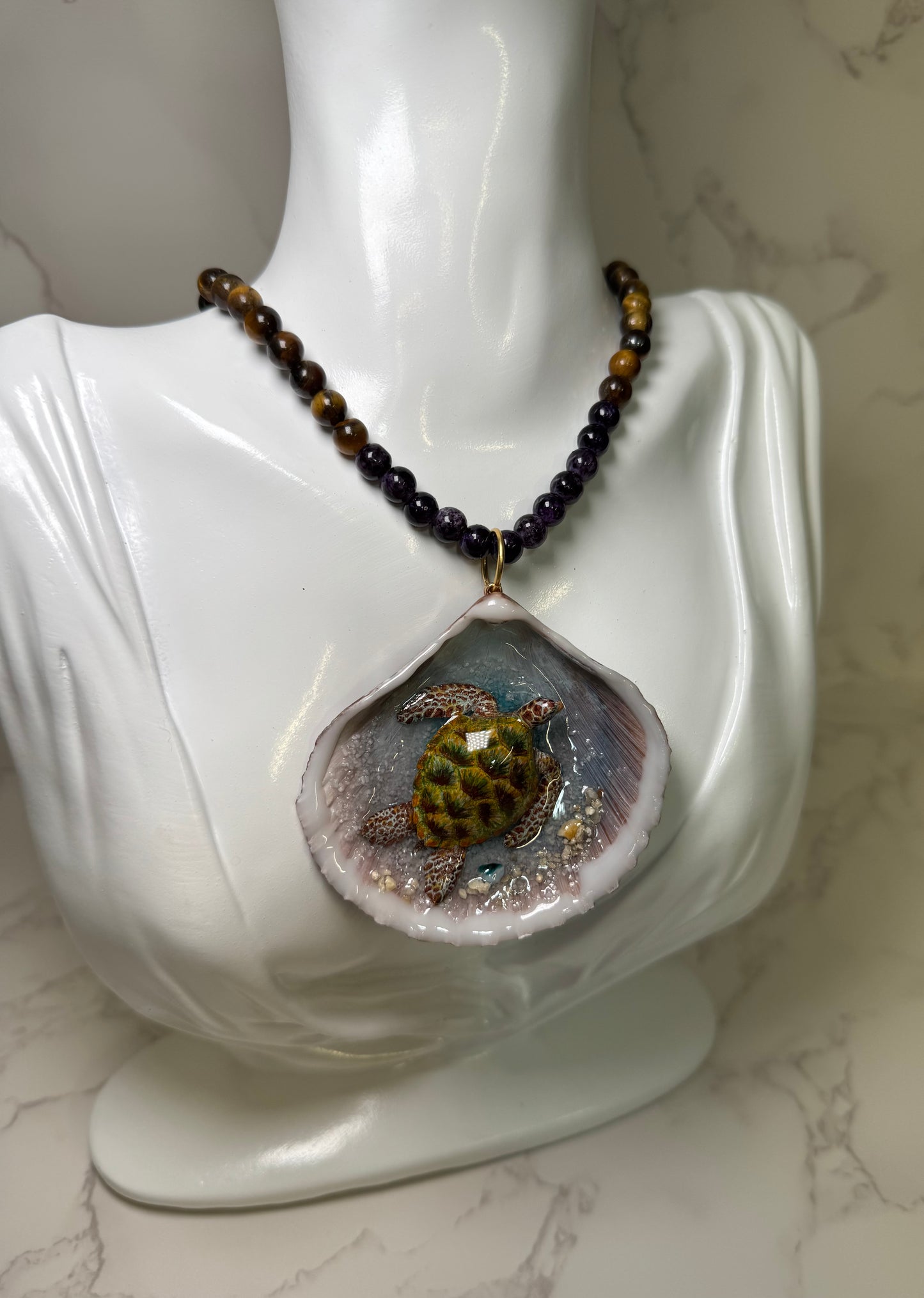 Green Sea Turtle Handmade Sea Turtle Necklace Encapsulated in Real Shell with UV Resin on Fine Colored Crystal Beads