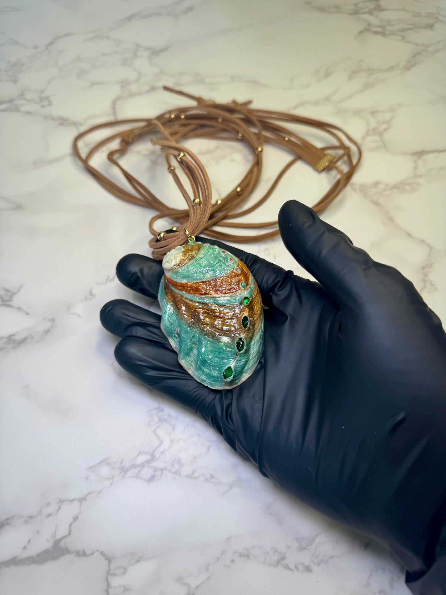 Crimson Cove Keeper Natural abalone seashell featuring a metal handmade red-and-black dotted crab, multiple tiny seashells, and small glass balls encapsulated in clear UV resin Beautiful extra large brown Leather Necklace