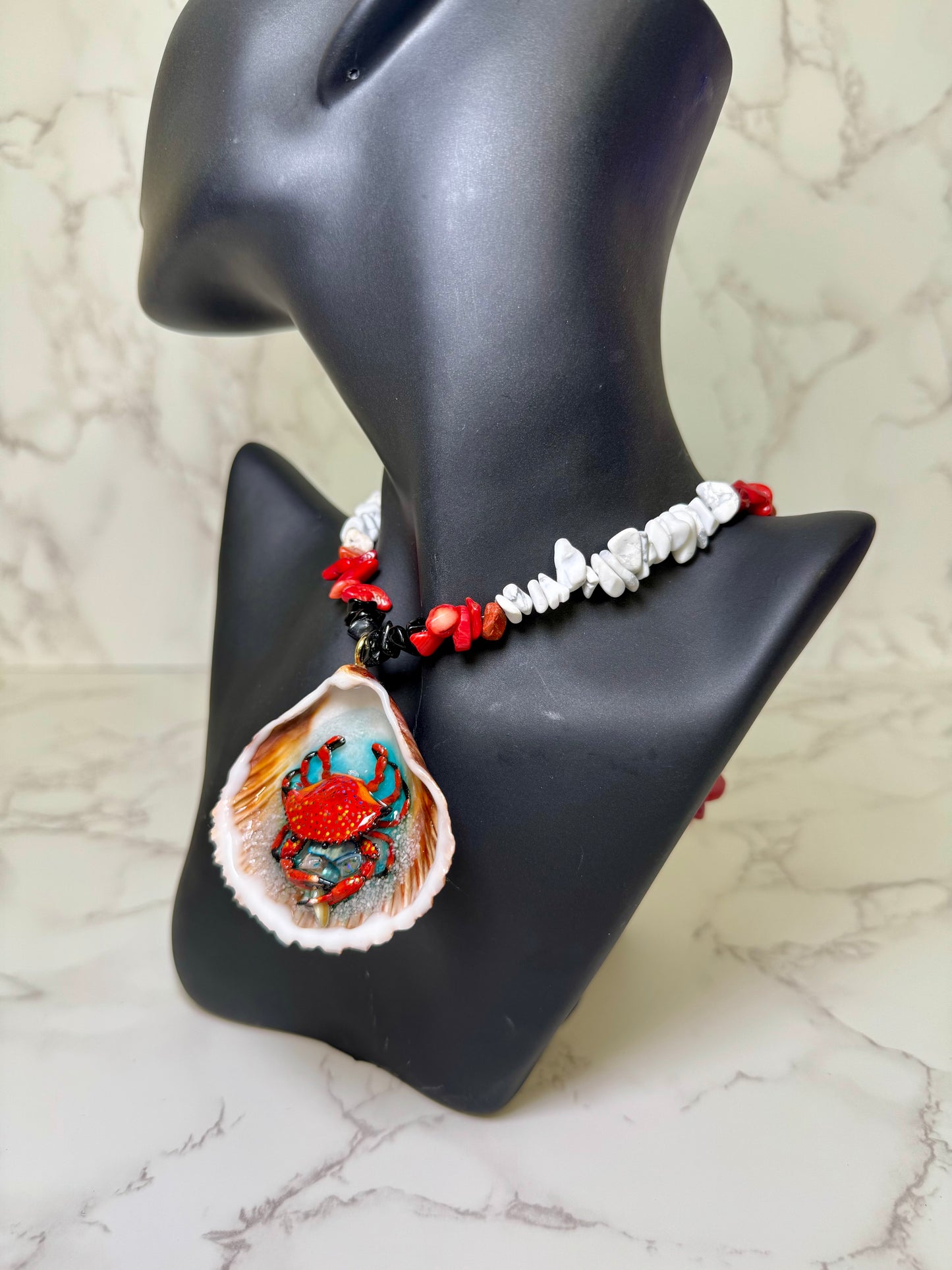 Set Crab Handmade Red Crab Necklace Encapsulated in Real Shell with UV Resin on Natural Stone Beads
