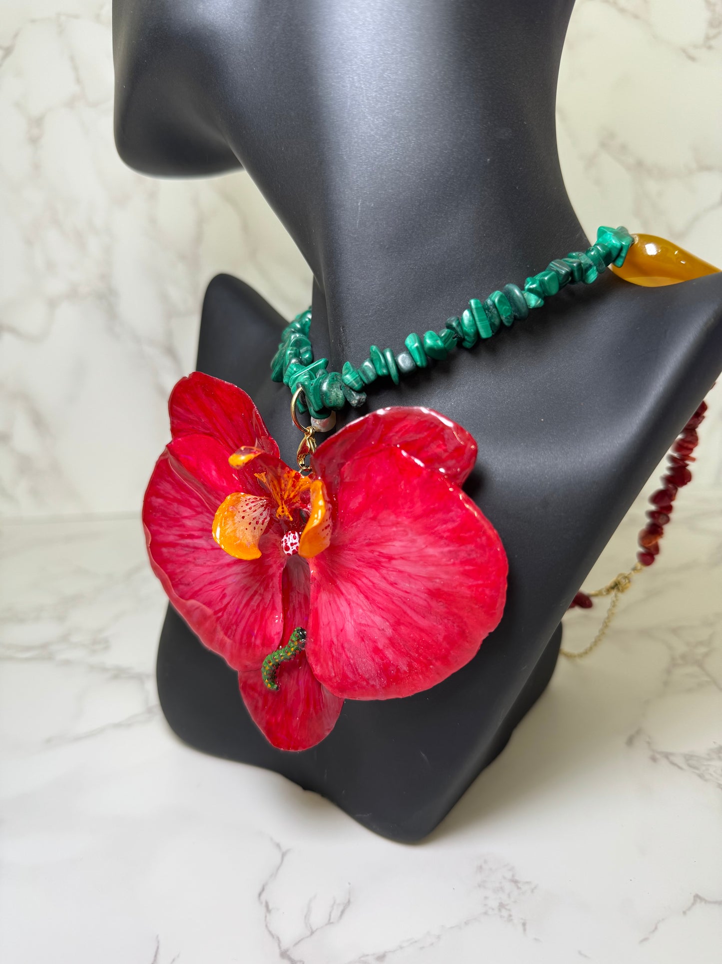 Fuchsia Orchid with Caterpillar Live Beauty Captured – Handmade Orchid Jewelry in Resin