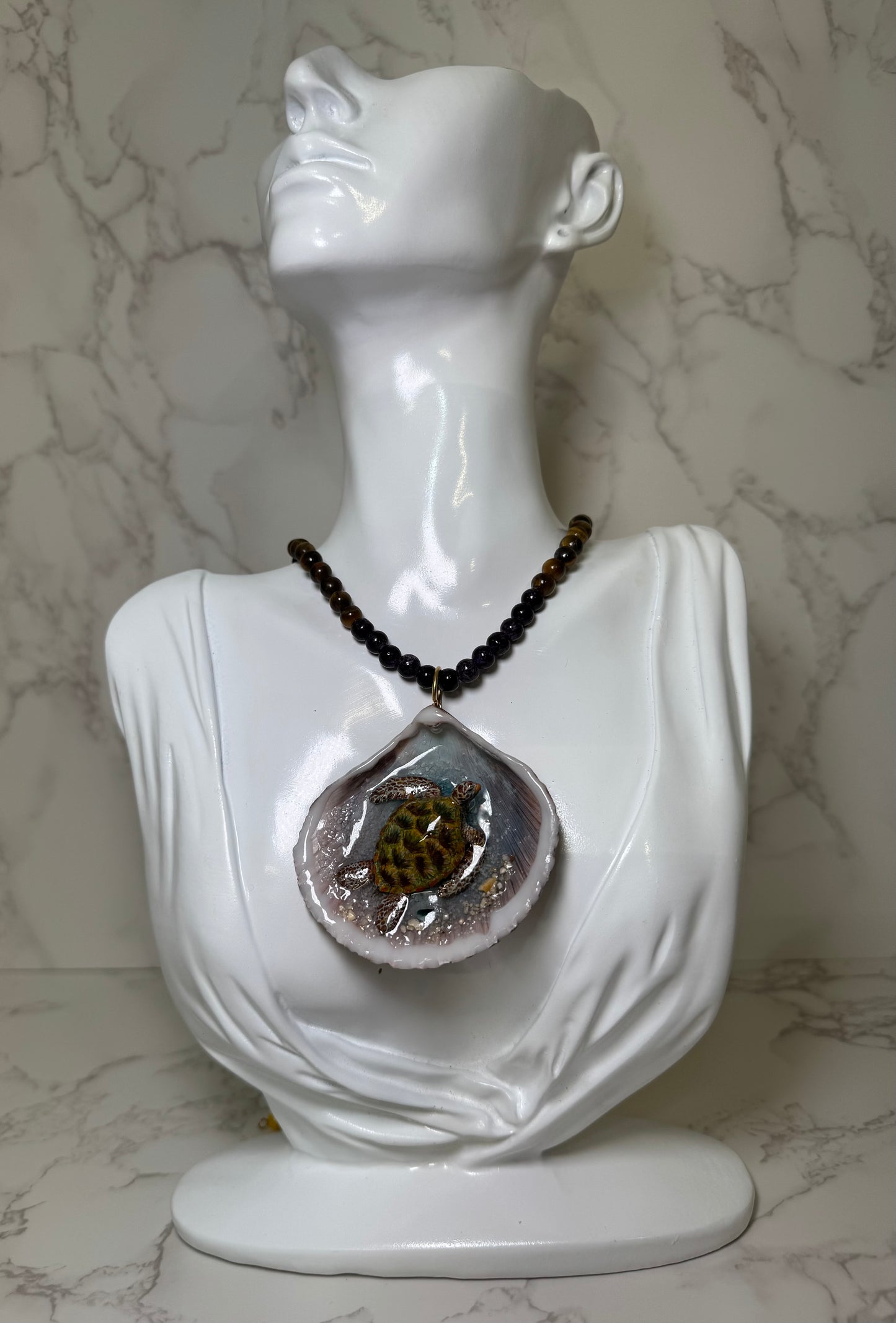 Green Sea Turtle Handmade Sea Turtle Necklace Encapsulated in Real Shell with UV Resin on Fine Colored Crystal Beads