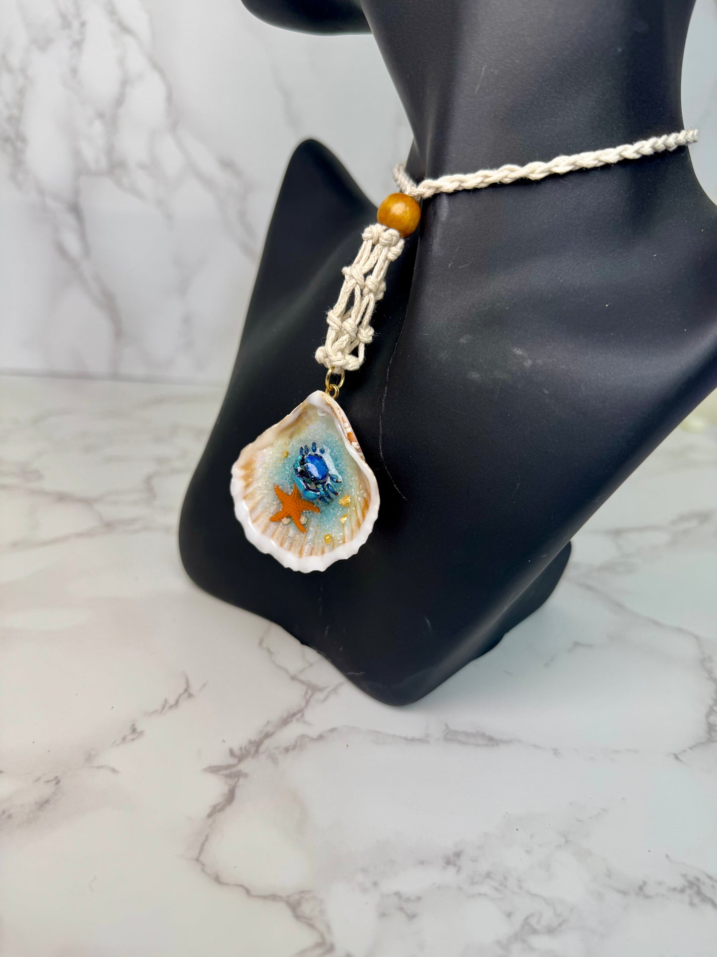 Mini Blue Sand Crab with Starfish Handmade Mini Sand Crab Necklace Encapsulated in Real Shell with UV Resin
