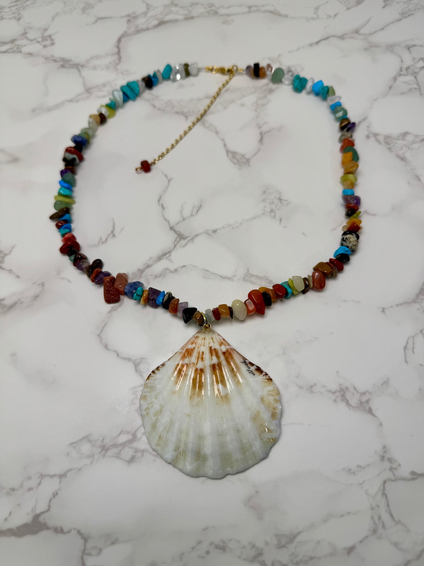 Handmade Brass Surfer Necklace Suspended Over Painted Ocean in Resin on Multicolor Stone Beads